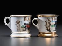 Two Porcelain Shaving Mugs with Automobiles