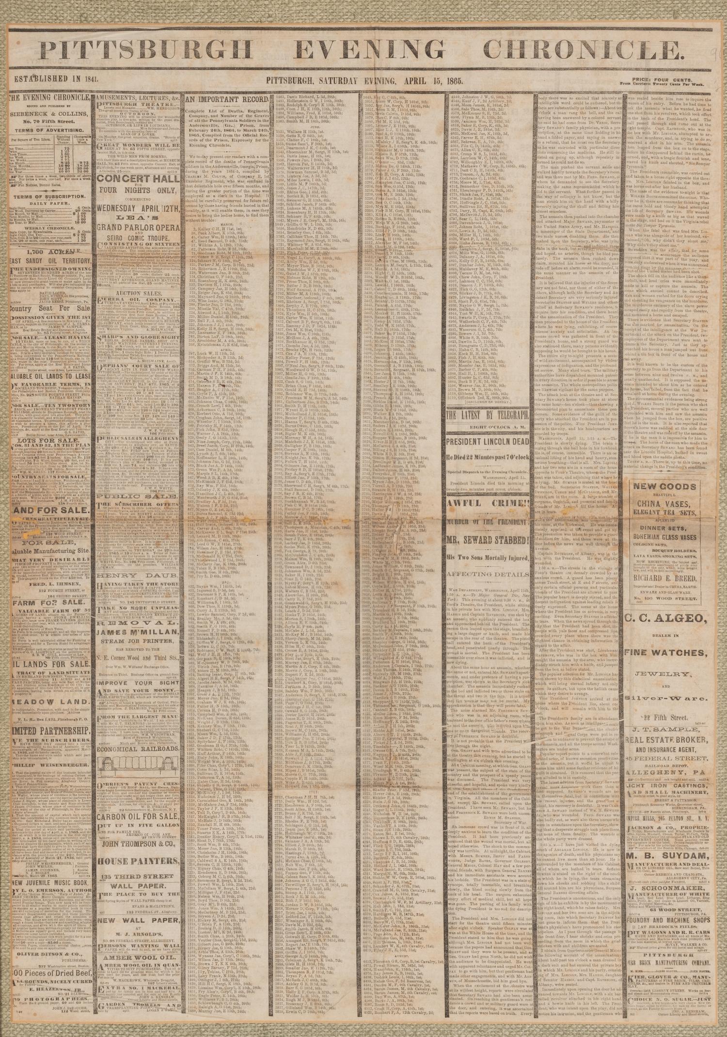 [LINCOLN ASSASSINATION]. Pittsburgh Evening Chronicle . Siebeneck & Collins, 15 April 1865.