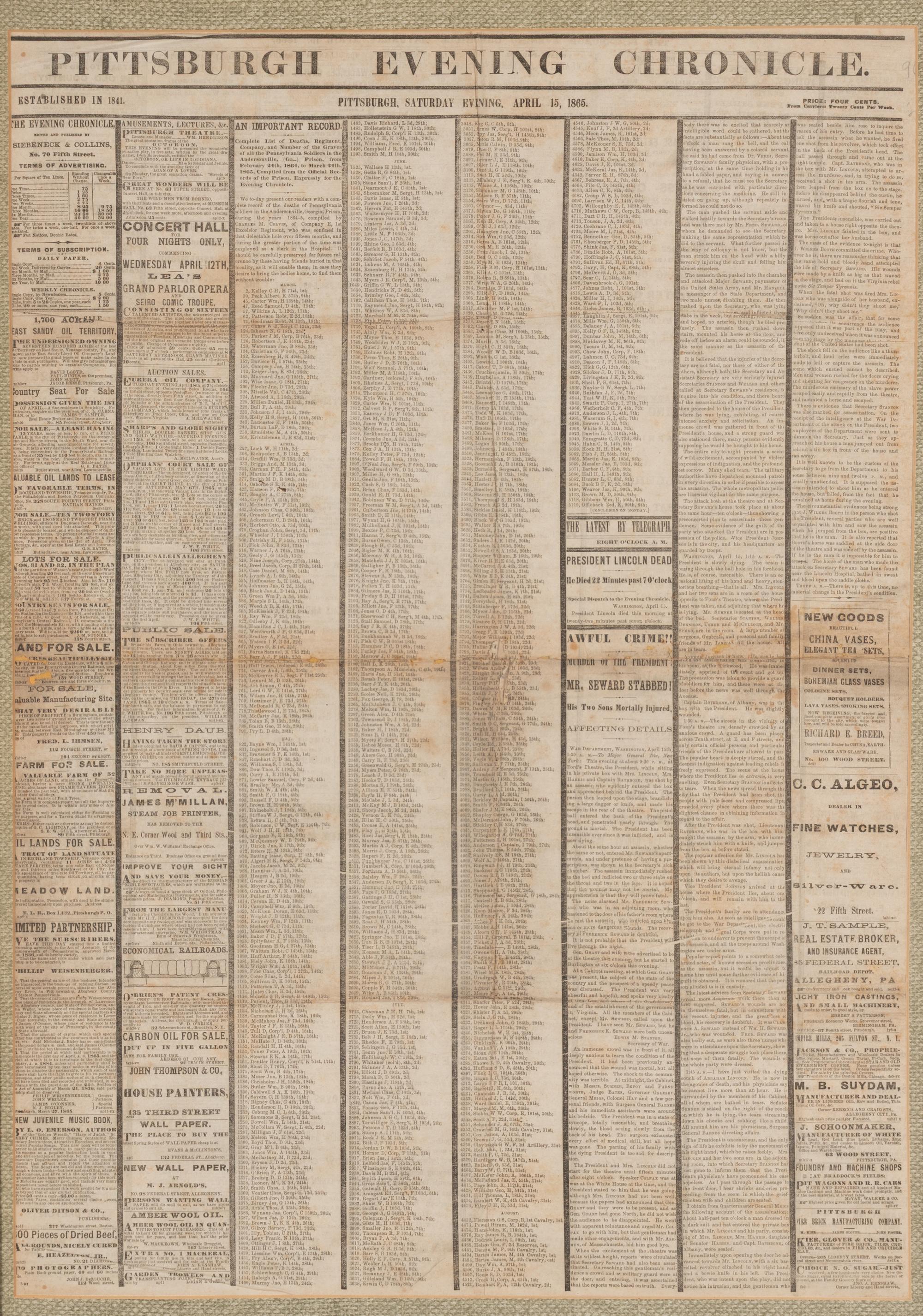 [LINCOLN ASSASSINATION]. Pittsburgh Evening Chronicle . Siebeneck & Collins, 15 April 1865.
