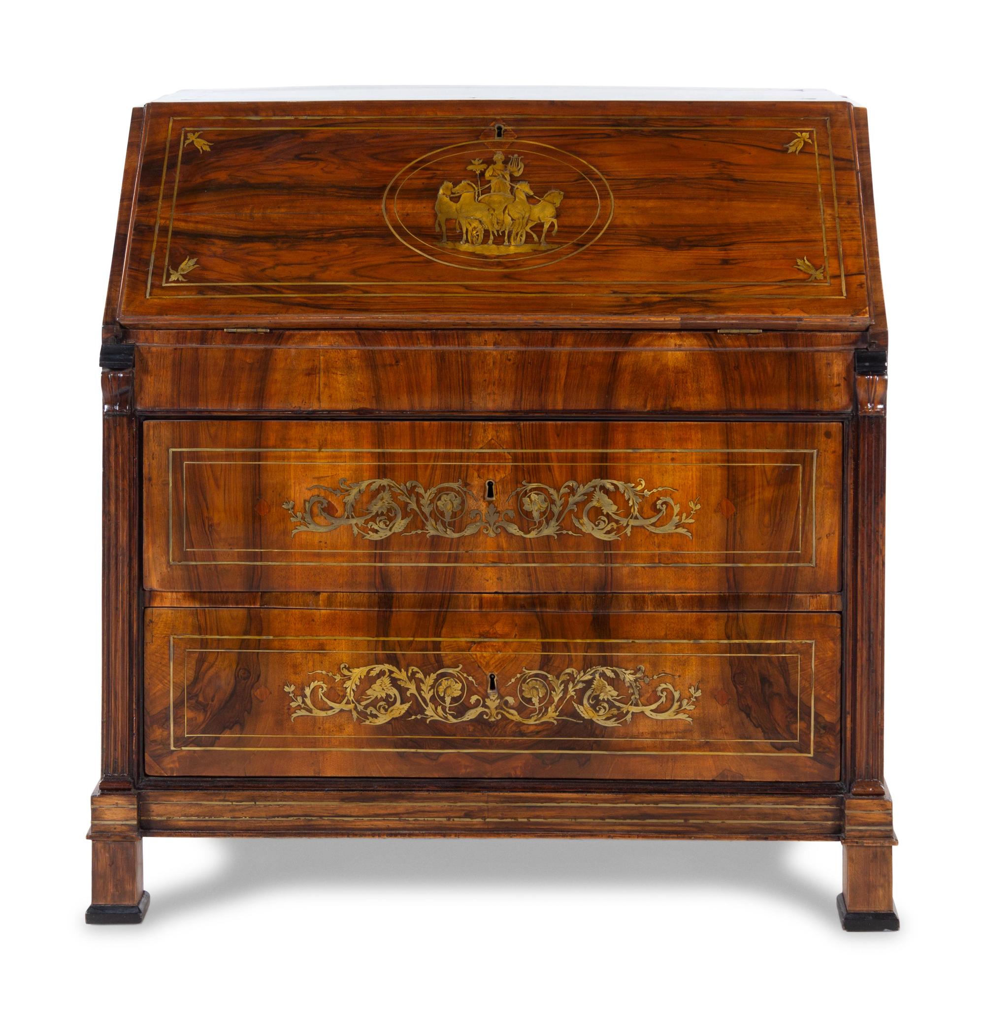 A Swiss Neoclassical Brass Inlaid Walnut Slant-Front Desk