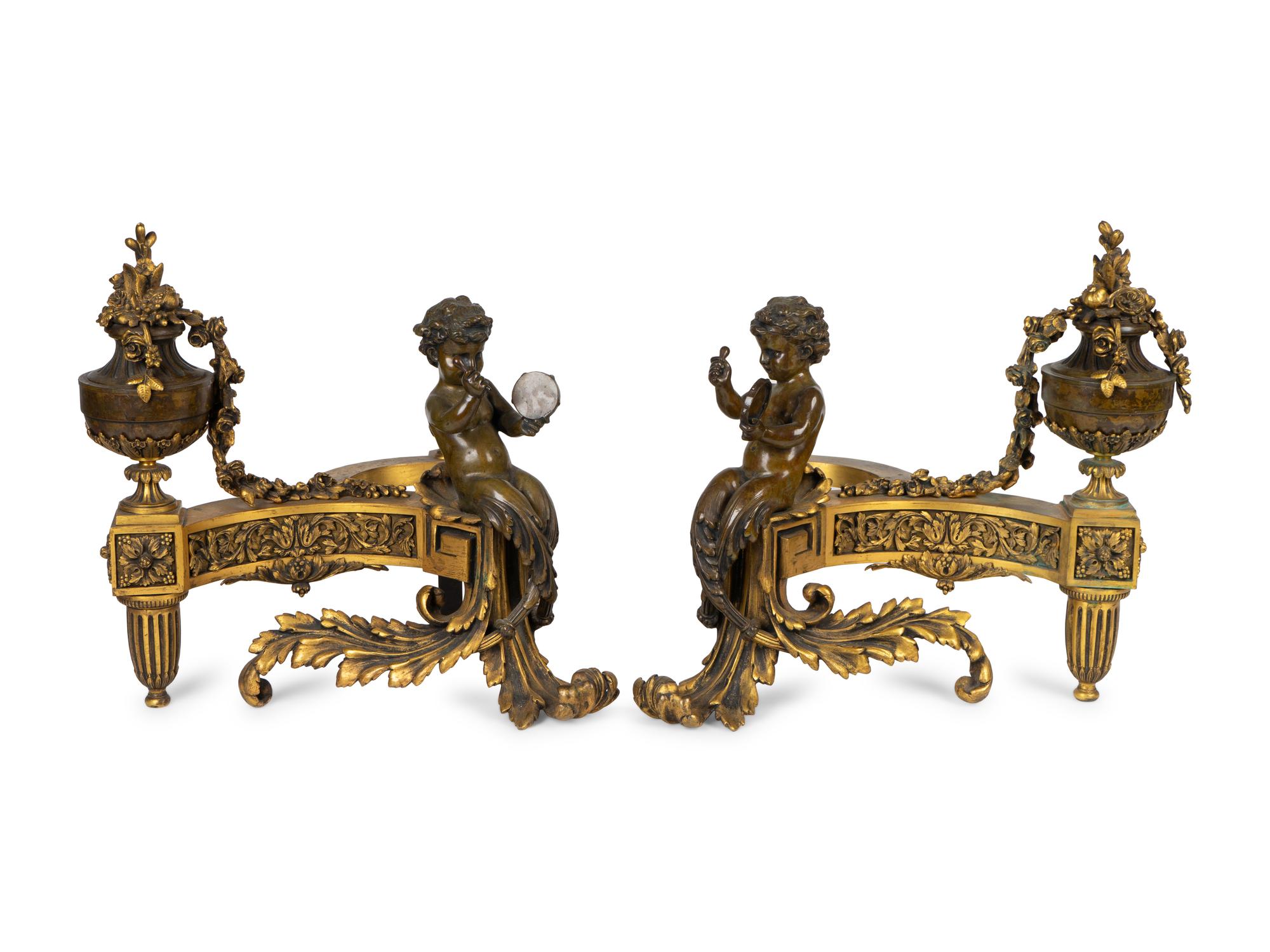 A Pair of Louis XV Style Bronze and Gilt Bronze Chenets — 19TH CENTURY