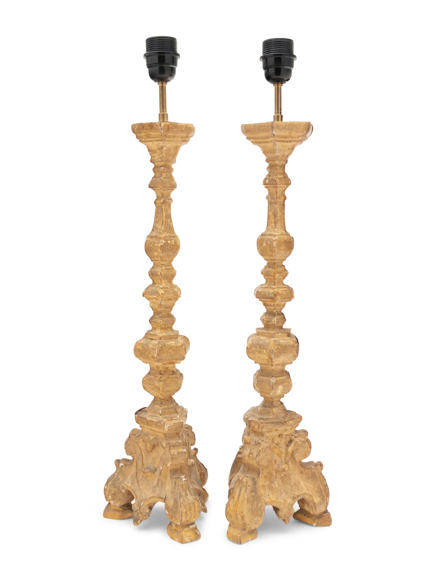 A Pair of French Giltwood Prickets Mounted as Lamps