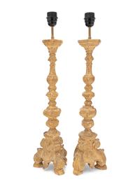 A Pair of French Giltwood Prickets Mounted as Lamps