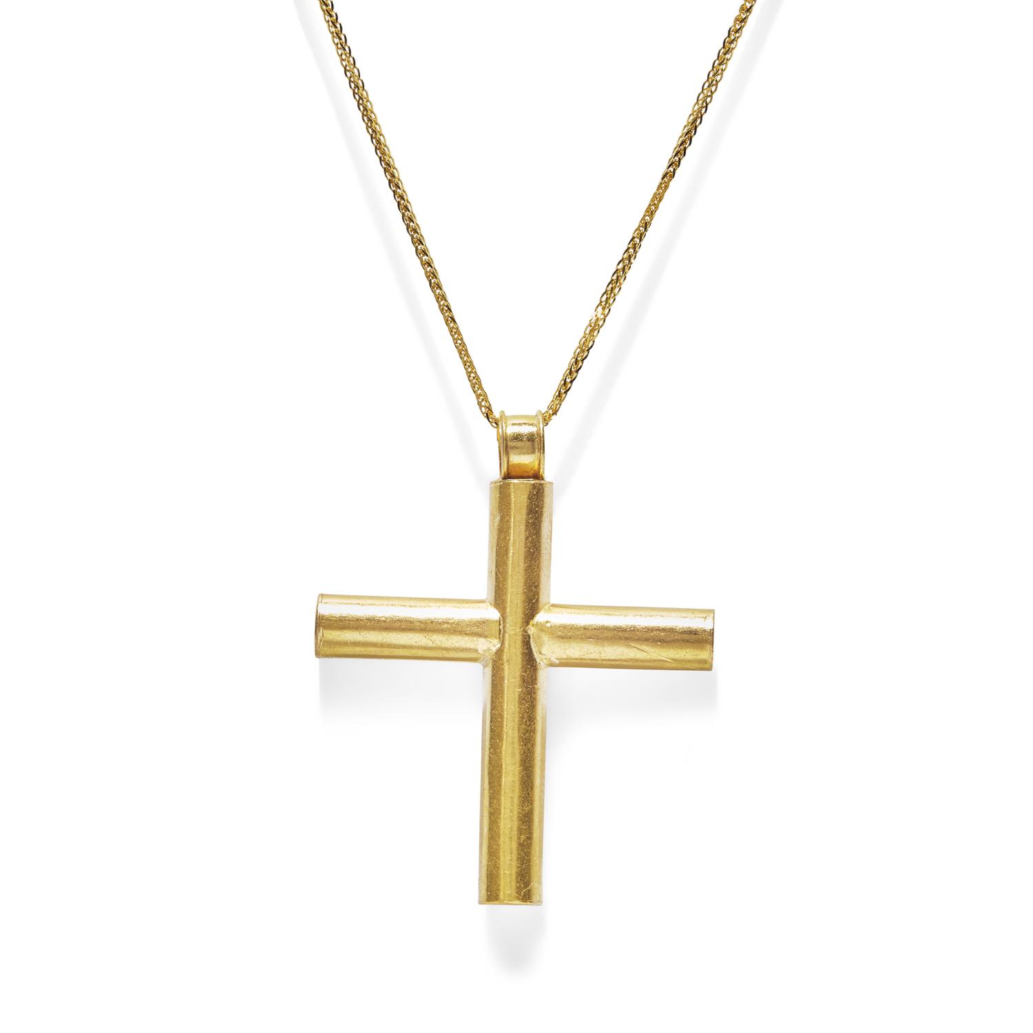 A Byzantine-Style Gold and Glass Cross Pendant — with a gold chain