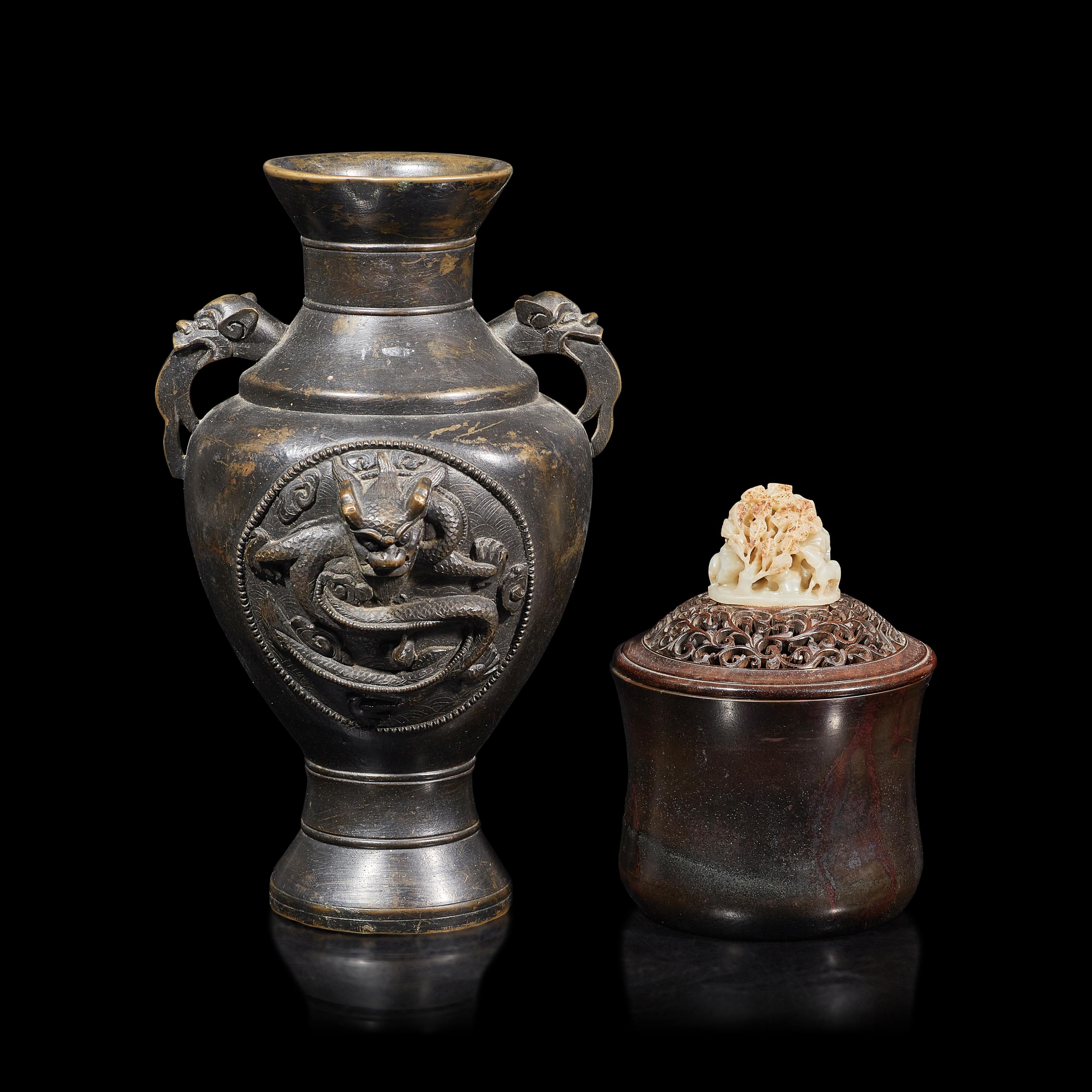 Two Chinese Bronze Vessels 銅爐及銅龍紋瓶