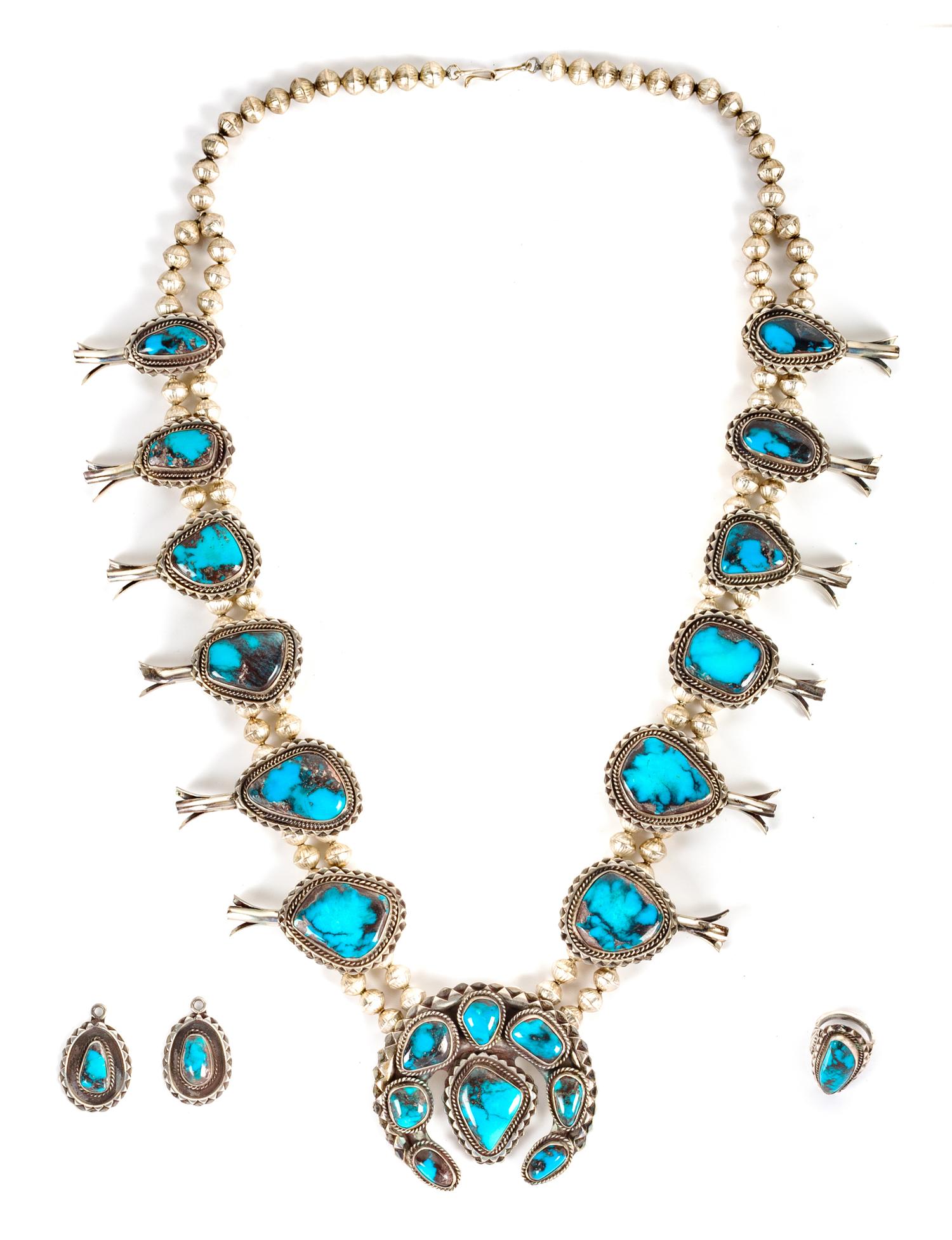 Southwestern Silver and Bisbee Turquoise Squash Blossom Demi Parure