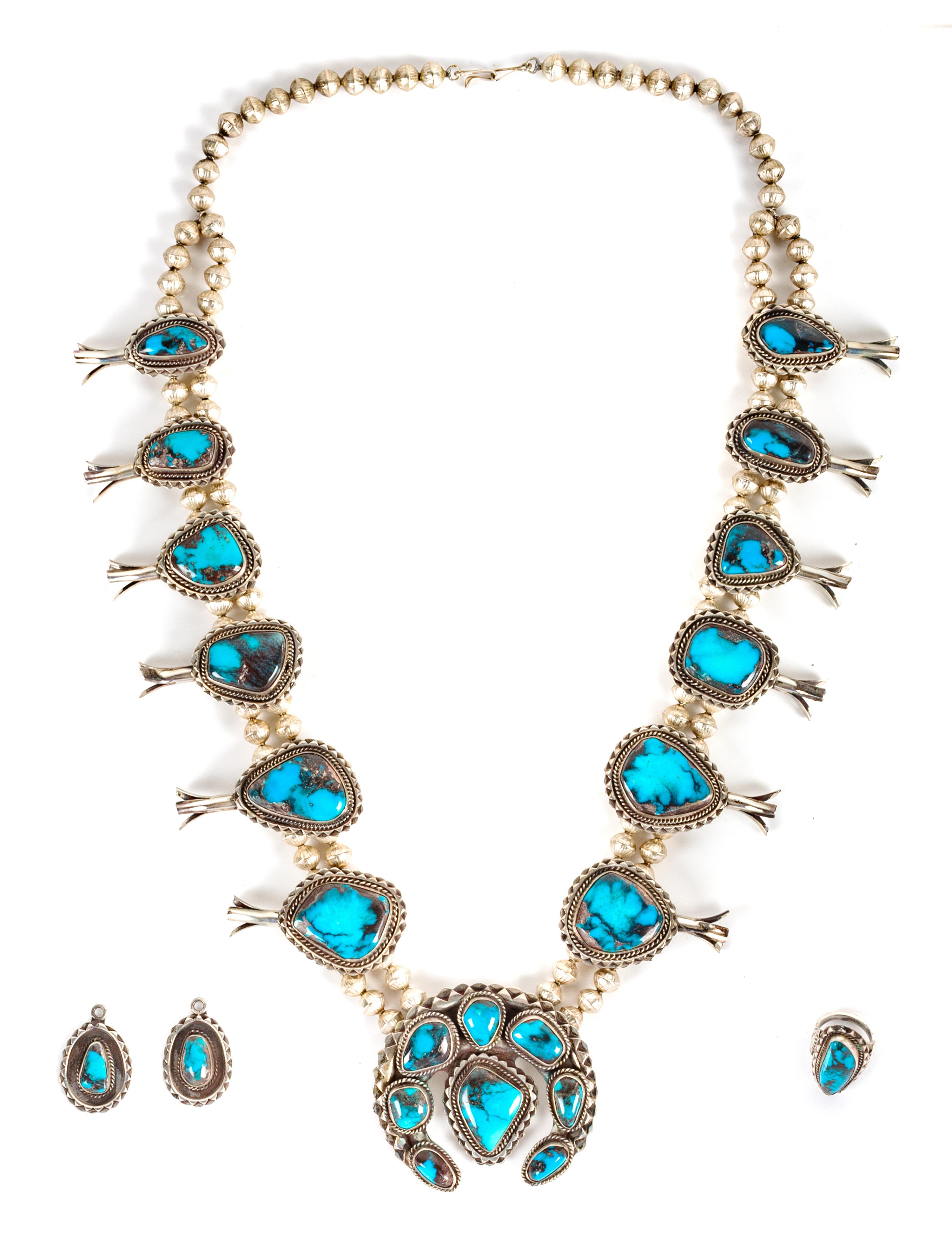 Southwestern Silver and Bisbee Turquoise Squash Blossom Demi Parure