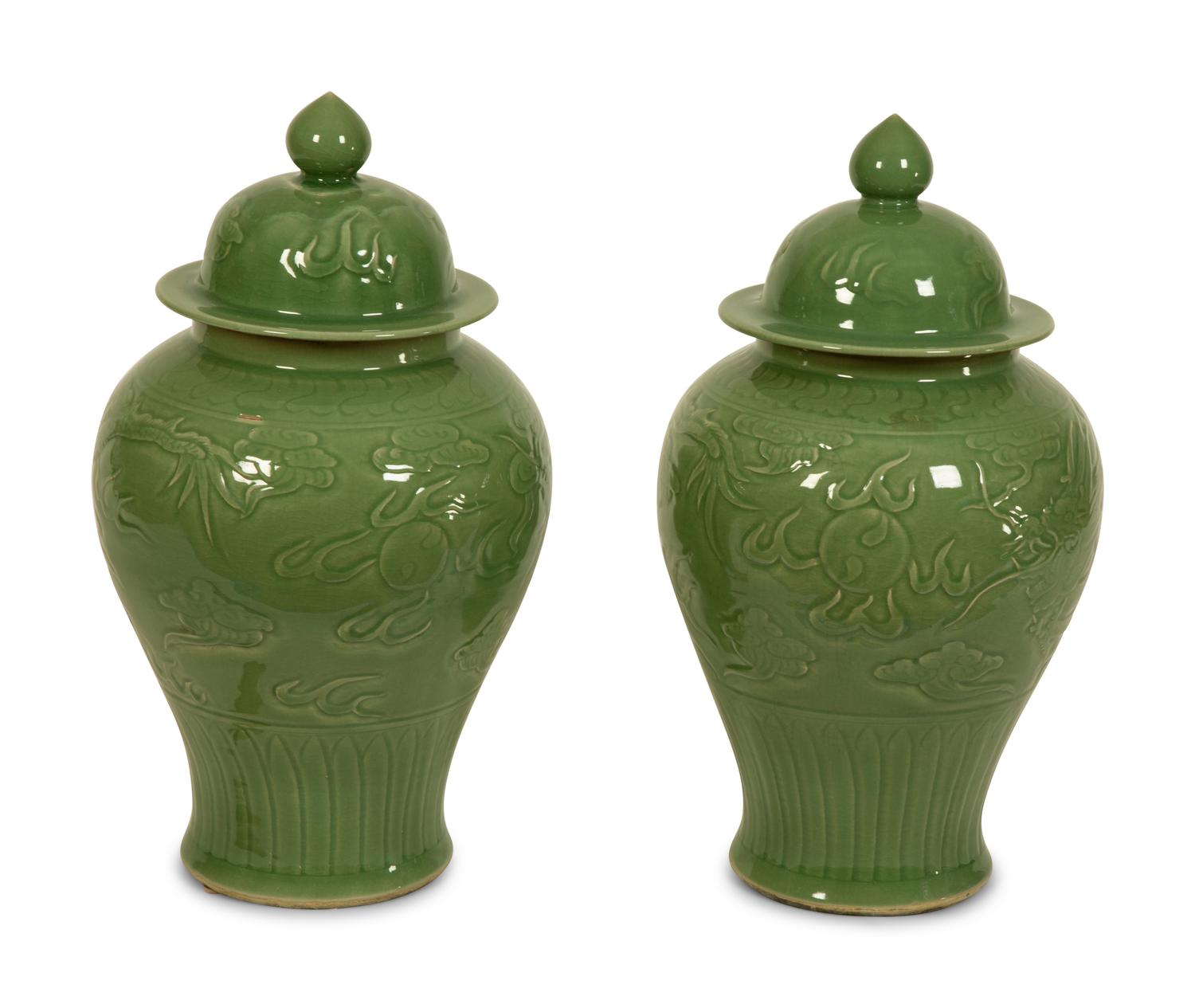 A Pair of Celadon Glazed Covered Jars — 20TH CENTURY