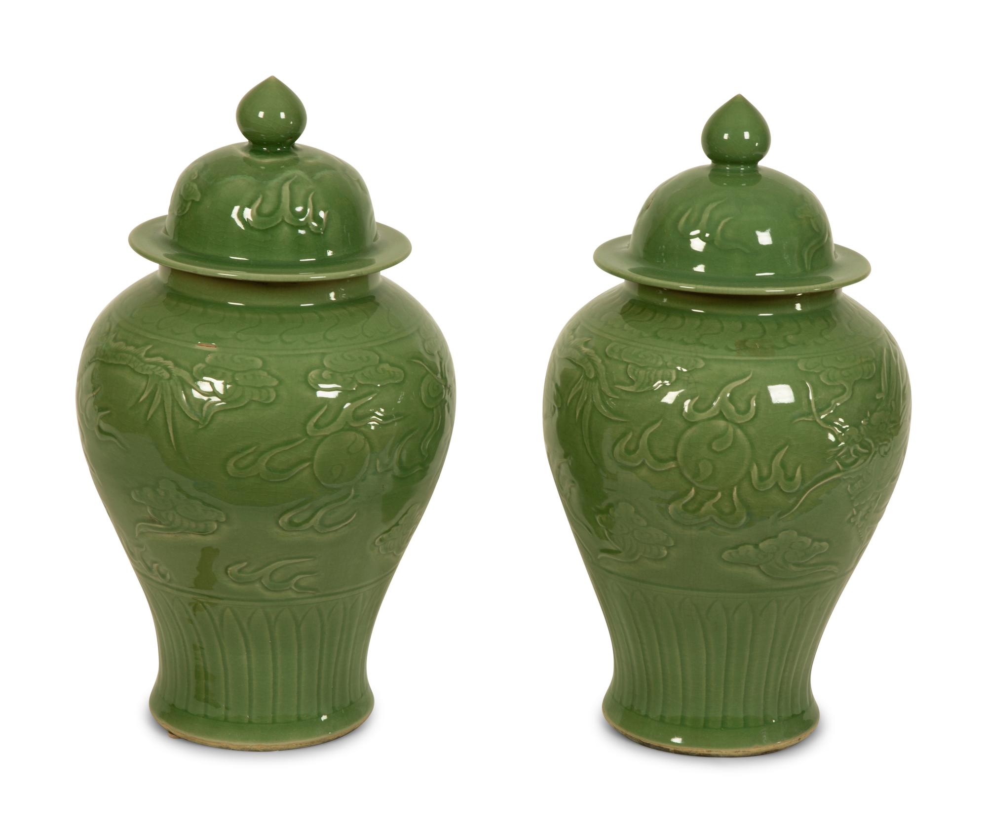A Pair of Celadon Glazed Covered Jars — 20TH CENTURY