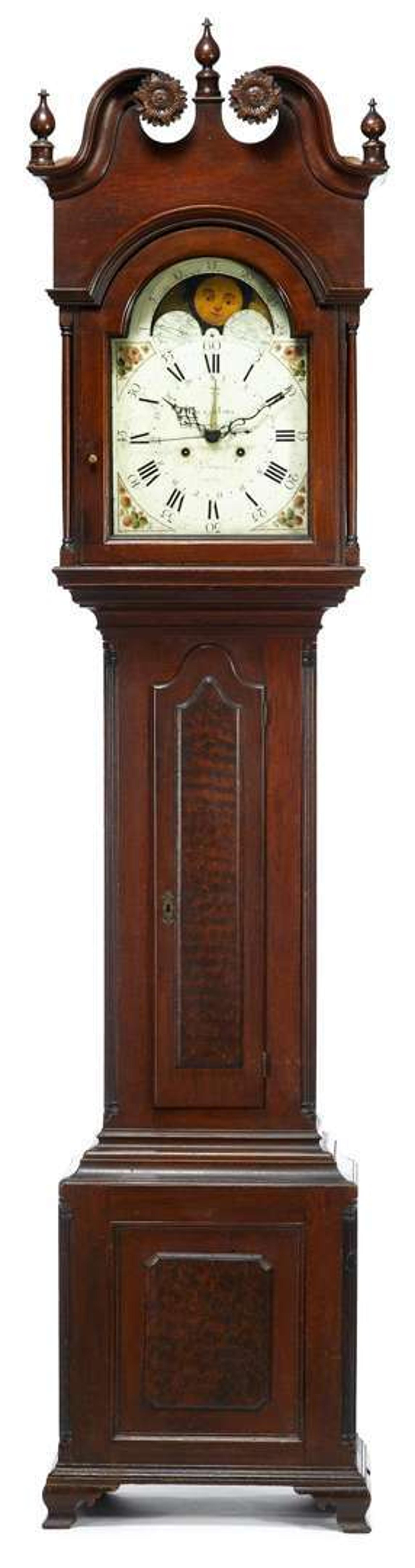 Chippendale walnut and grain painted tall case clock "philip maus, lebanon, no. 56," circa 1785