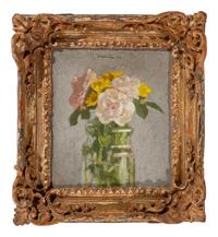 Pink Roses and Yellow Daisies in a Glass Jar on a Light Gray Background , 1997