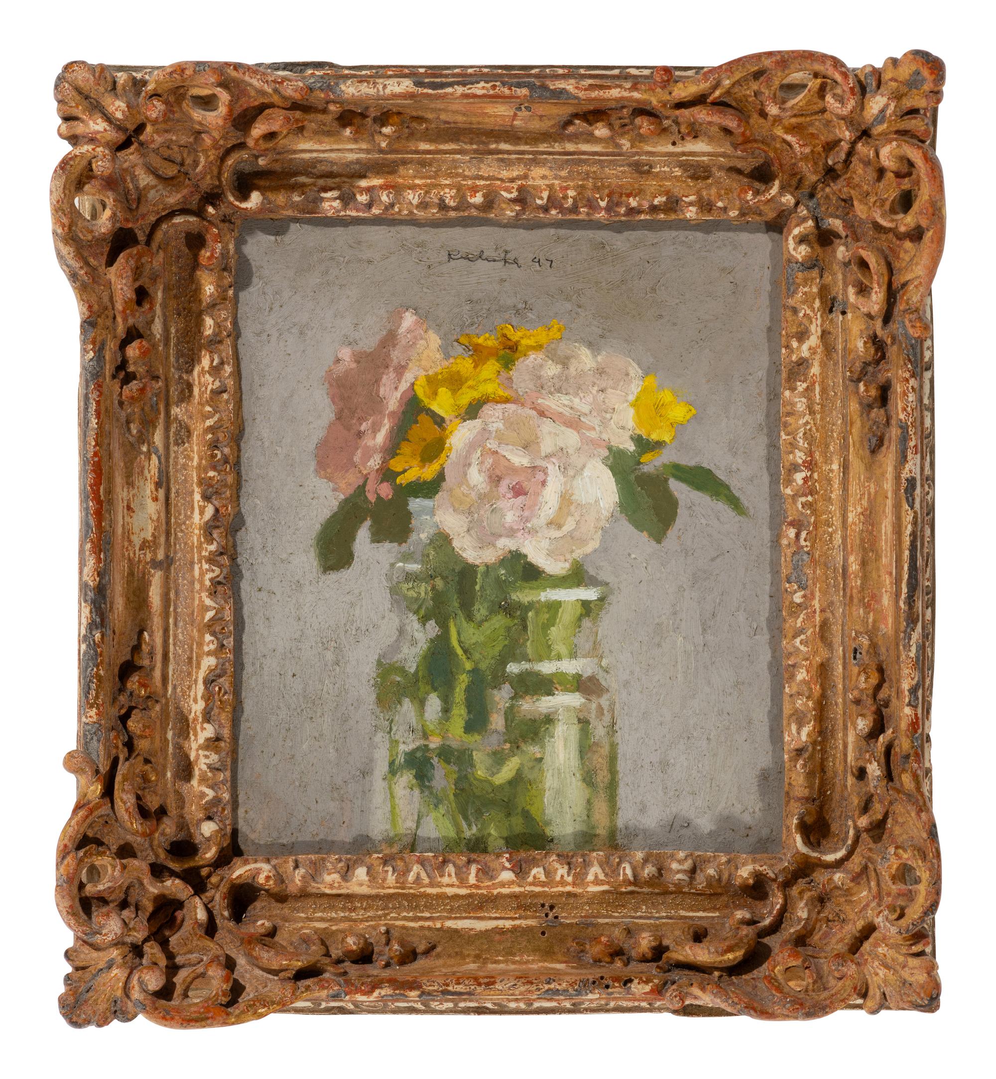 Pink Roses and Yellow Daisies in a Glass Jar on a Light Gray Background , 1997
