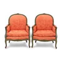 A Pair of Louis XV Green Painted Bergères