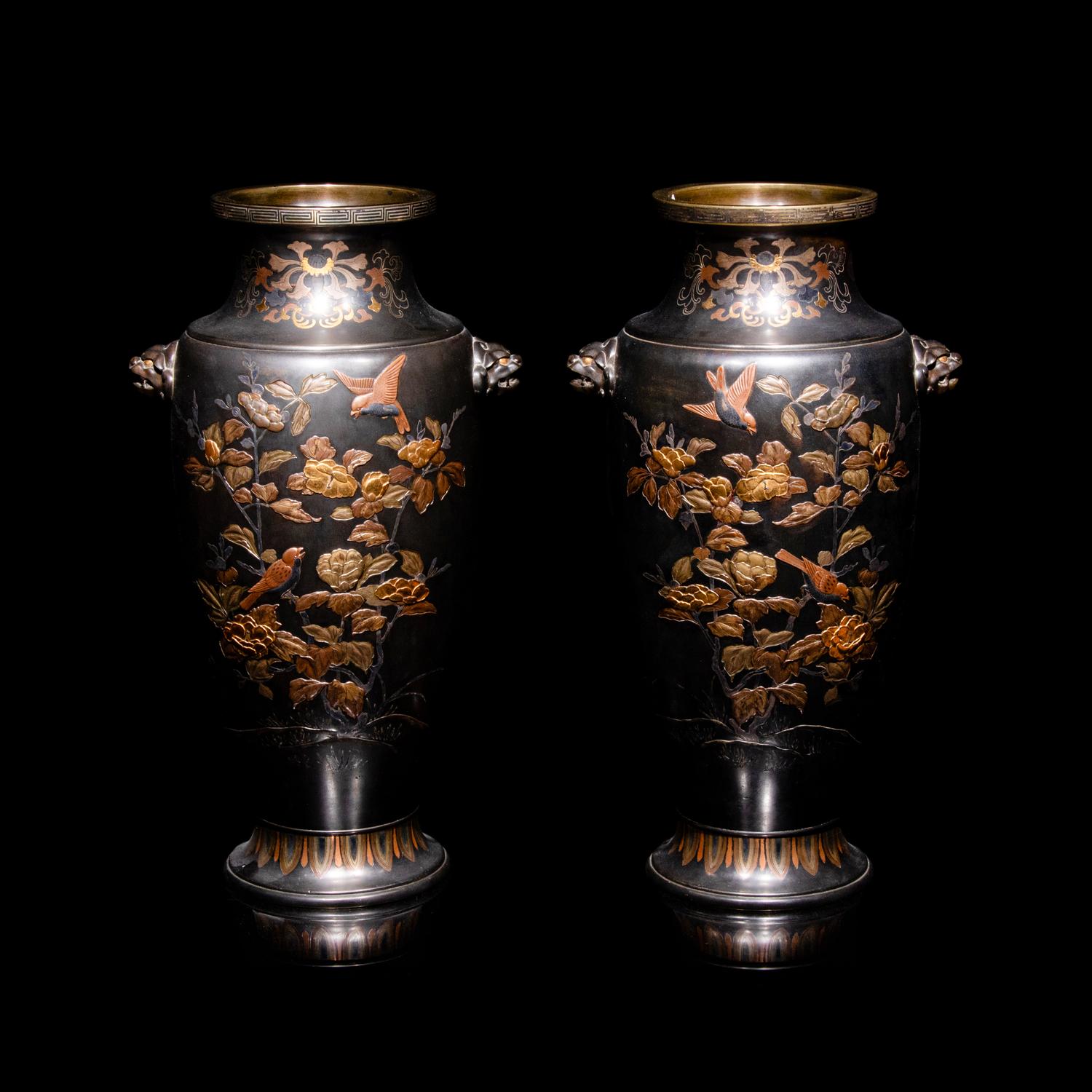 A Pair of Japanese Bronze and Mixed-Metal Baluster Vases, Meiji Period, Late 19th Century