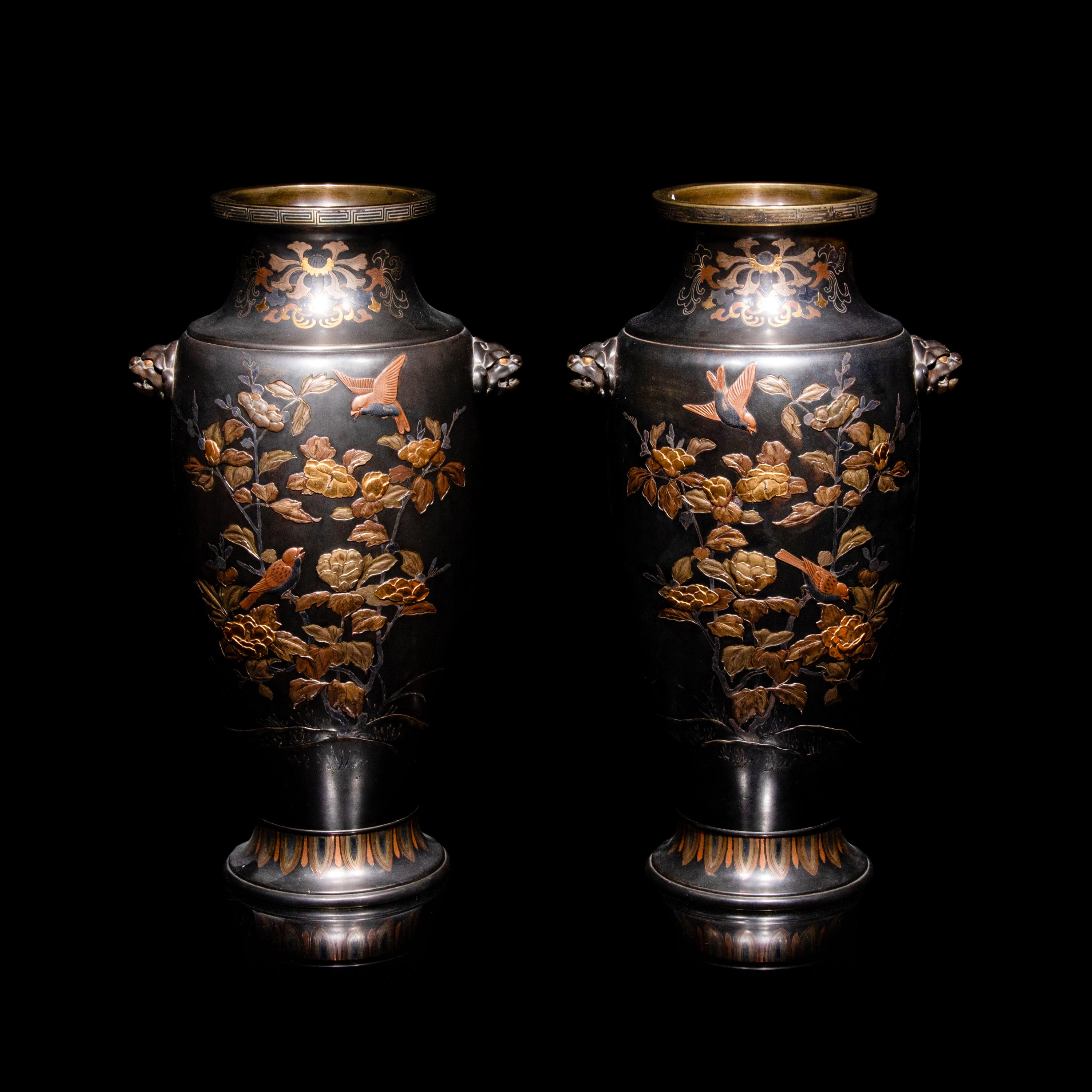 A Pair of Japanese Bronze and Mixed-Metal Baluster Vases, Meiji Period, Late 19th Century
