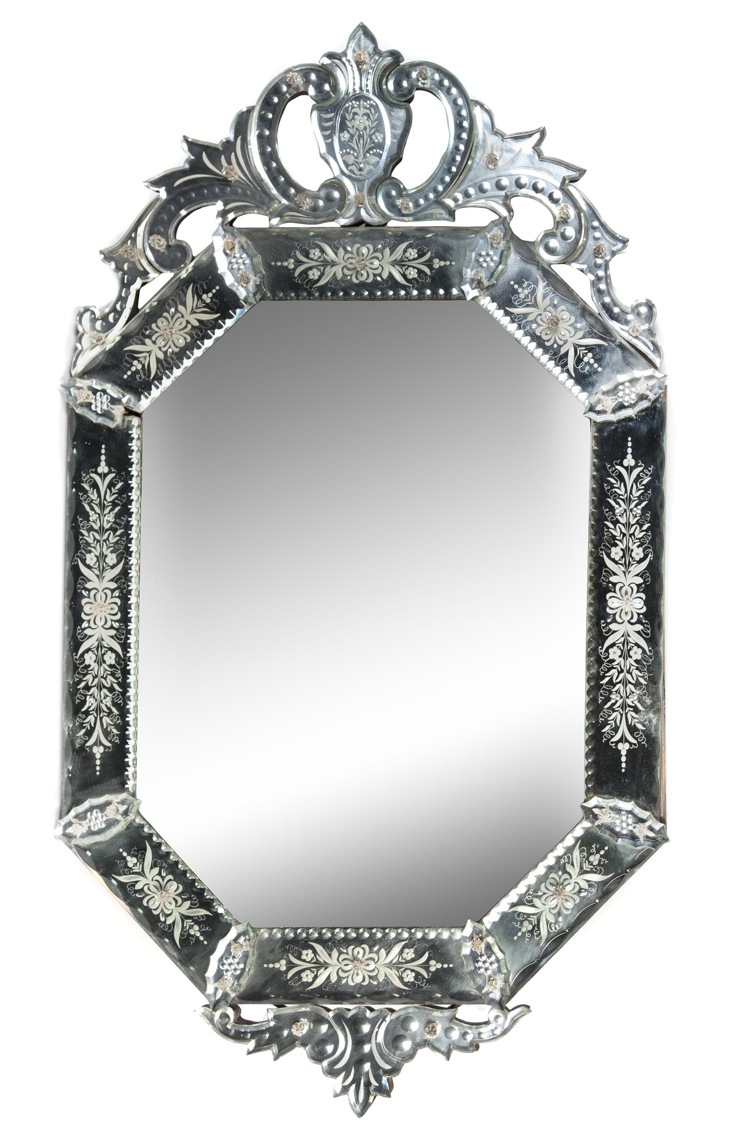 A Venetian Etched Glass Mirror Height 39 1/4 x width 22 1/4 inches. — 20TH CENTURY