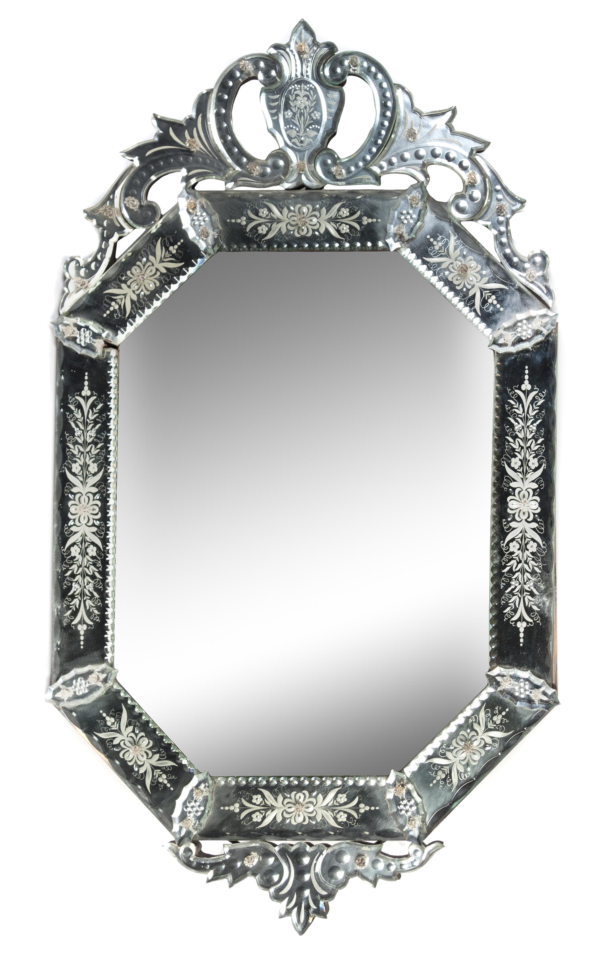 A Venetian Etched Glass Mirror Height 39 1/4 x width 22 1/4 inches. — 20TH CENTURY