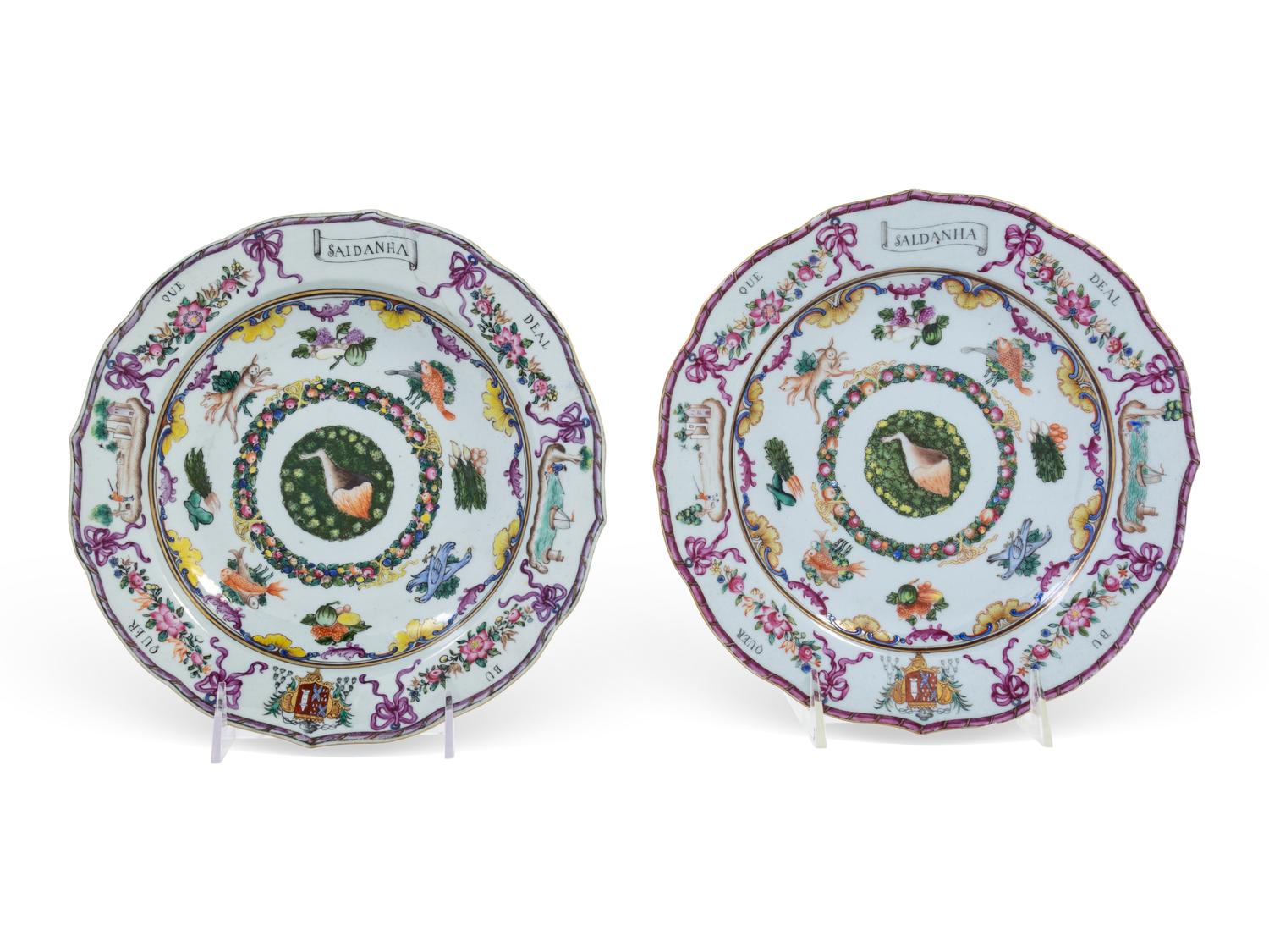 A Chinese Export Polychrome Decorated Porcelain Plate and Soup Dish