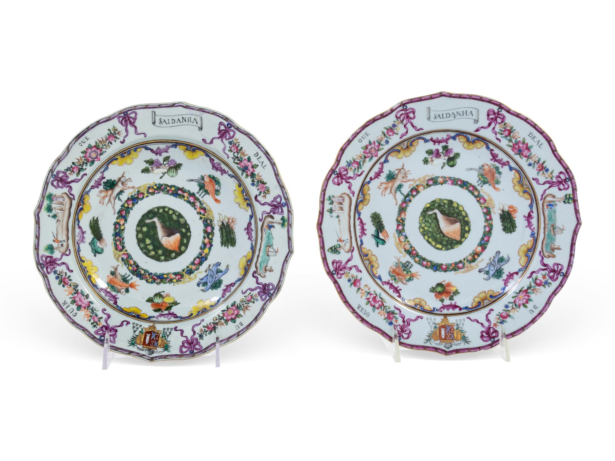 A Chinese Export Polychrome Decorated Porcelain Plate and Soup Dish