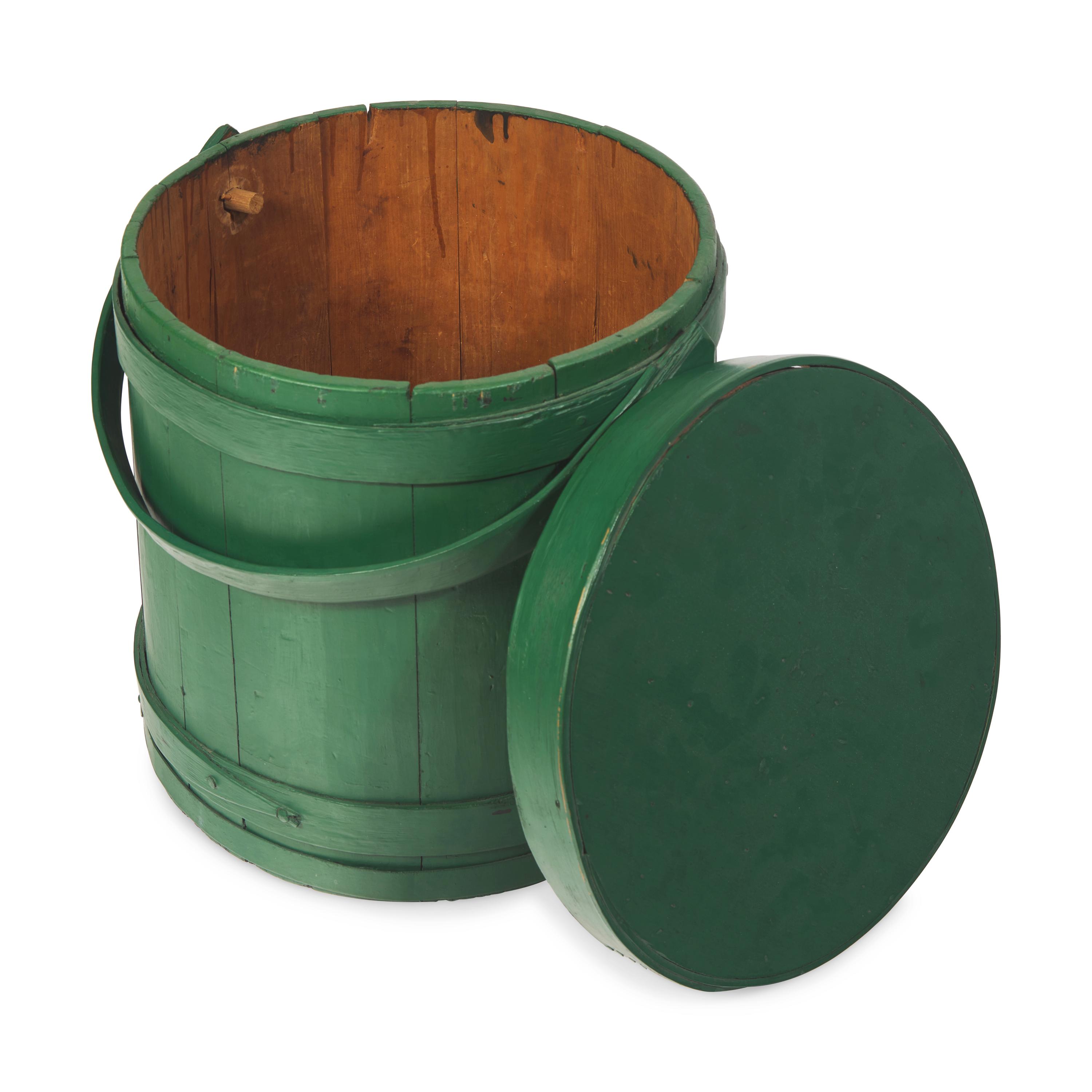 A Shaker Painted Firkin and a Maple and Pine Oval Two "Fingered" Pantry Box