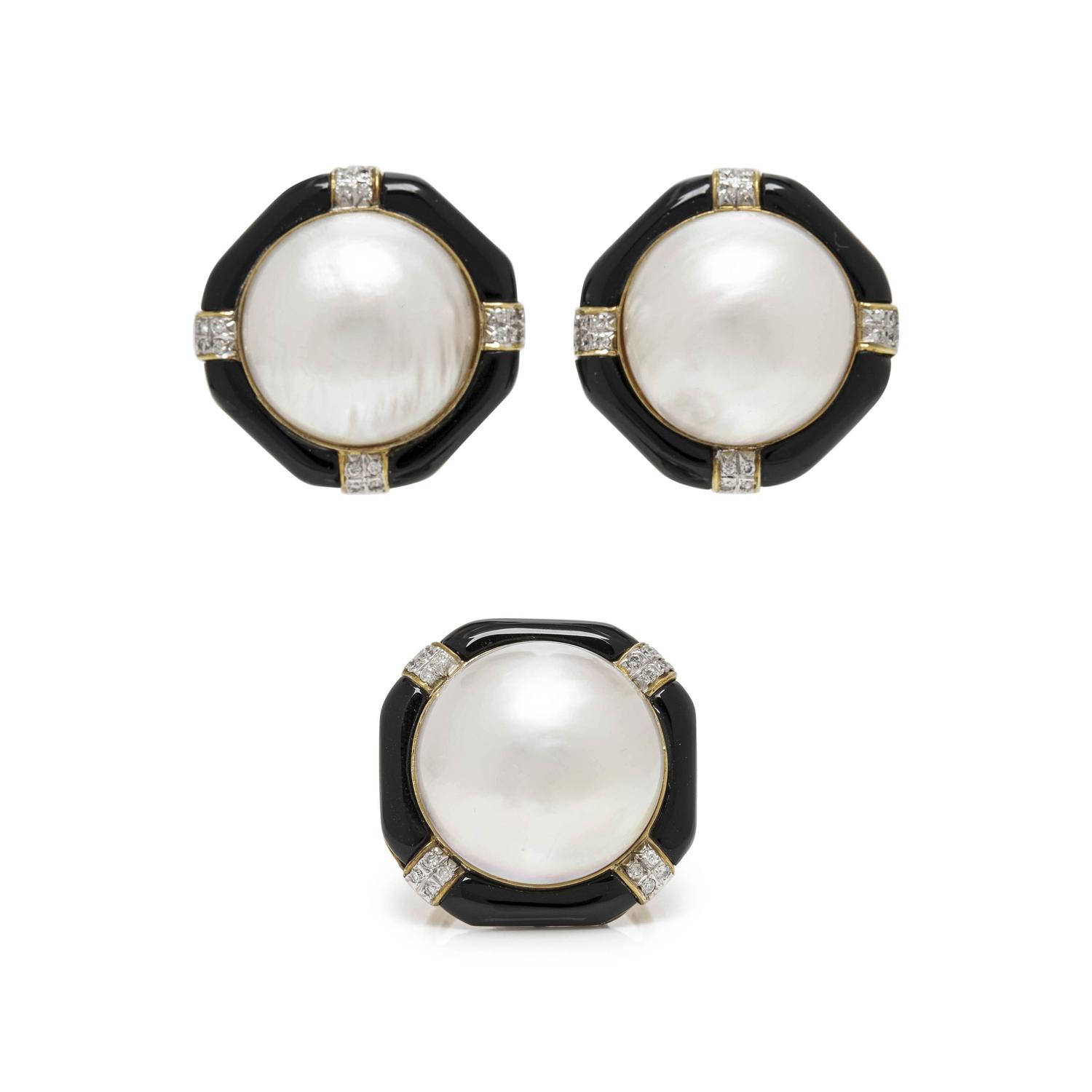 COLLECTION OF CULTURED MABE PEARL, ONYX AND DIAMOND JEWELRY