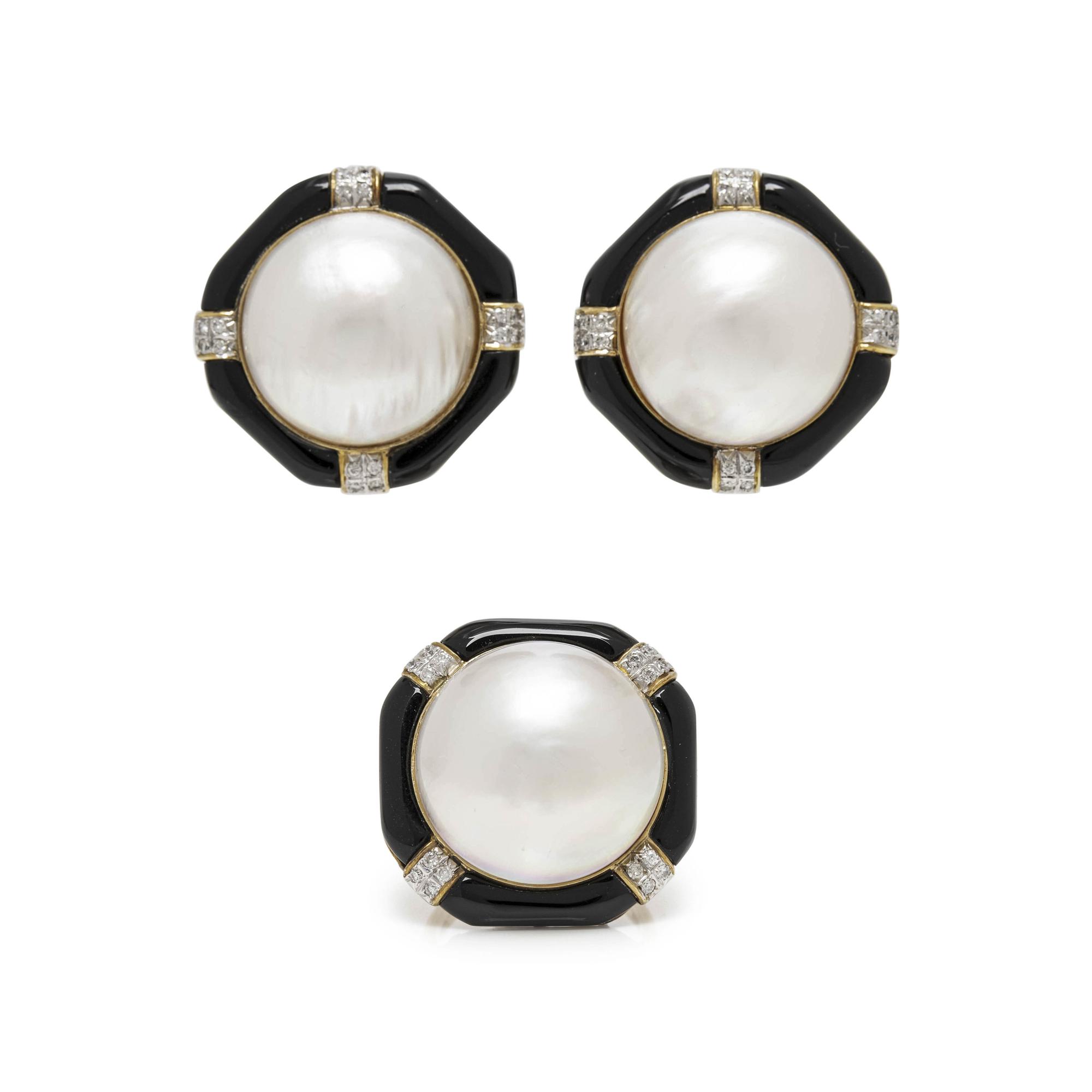COLLECTION OF CULTURED MABE PEARL, ONYX AND DIAMOND JEWELRY