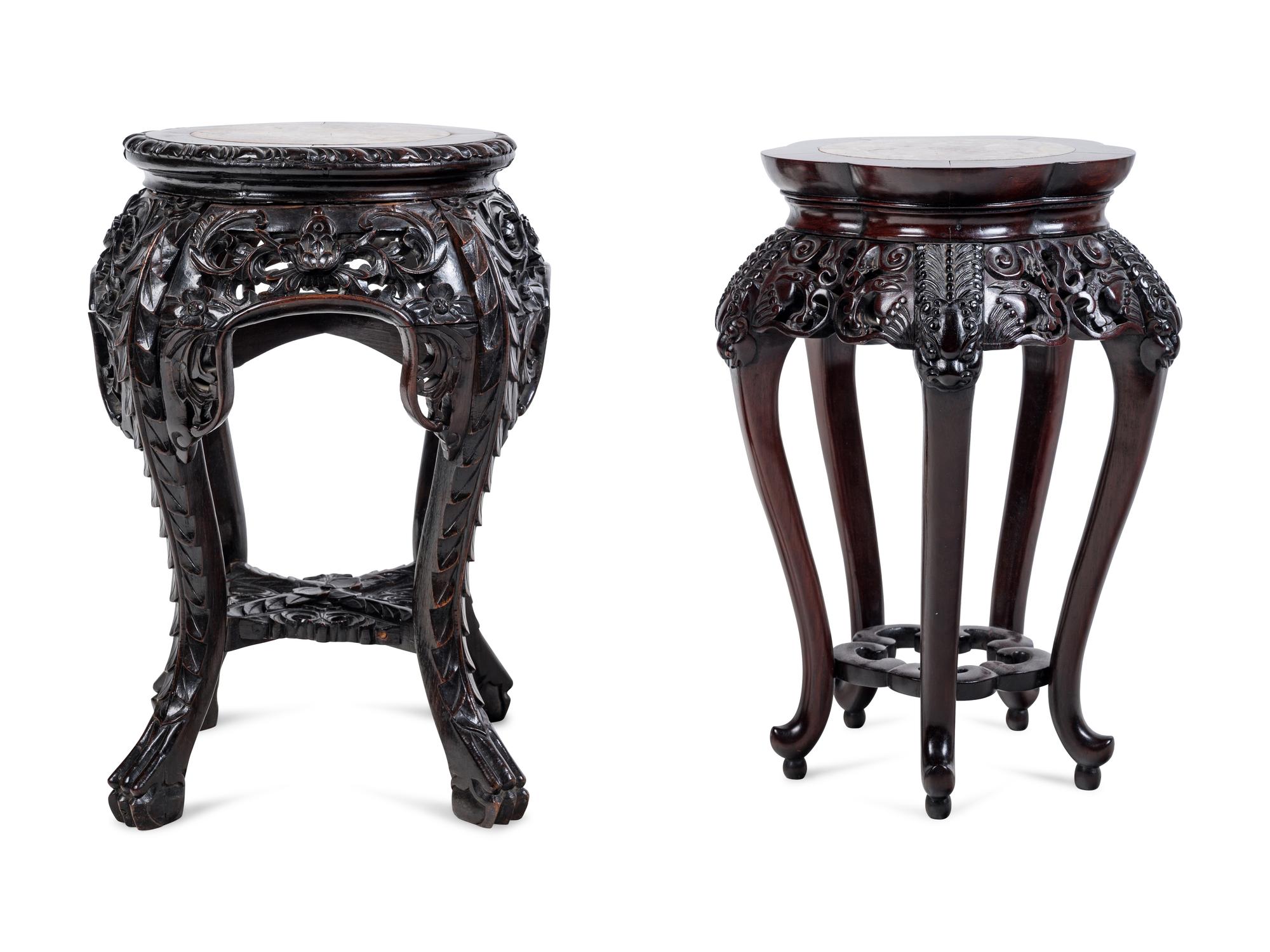 Two Chinese Marble-Inset Carved Hardwood Stands