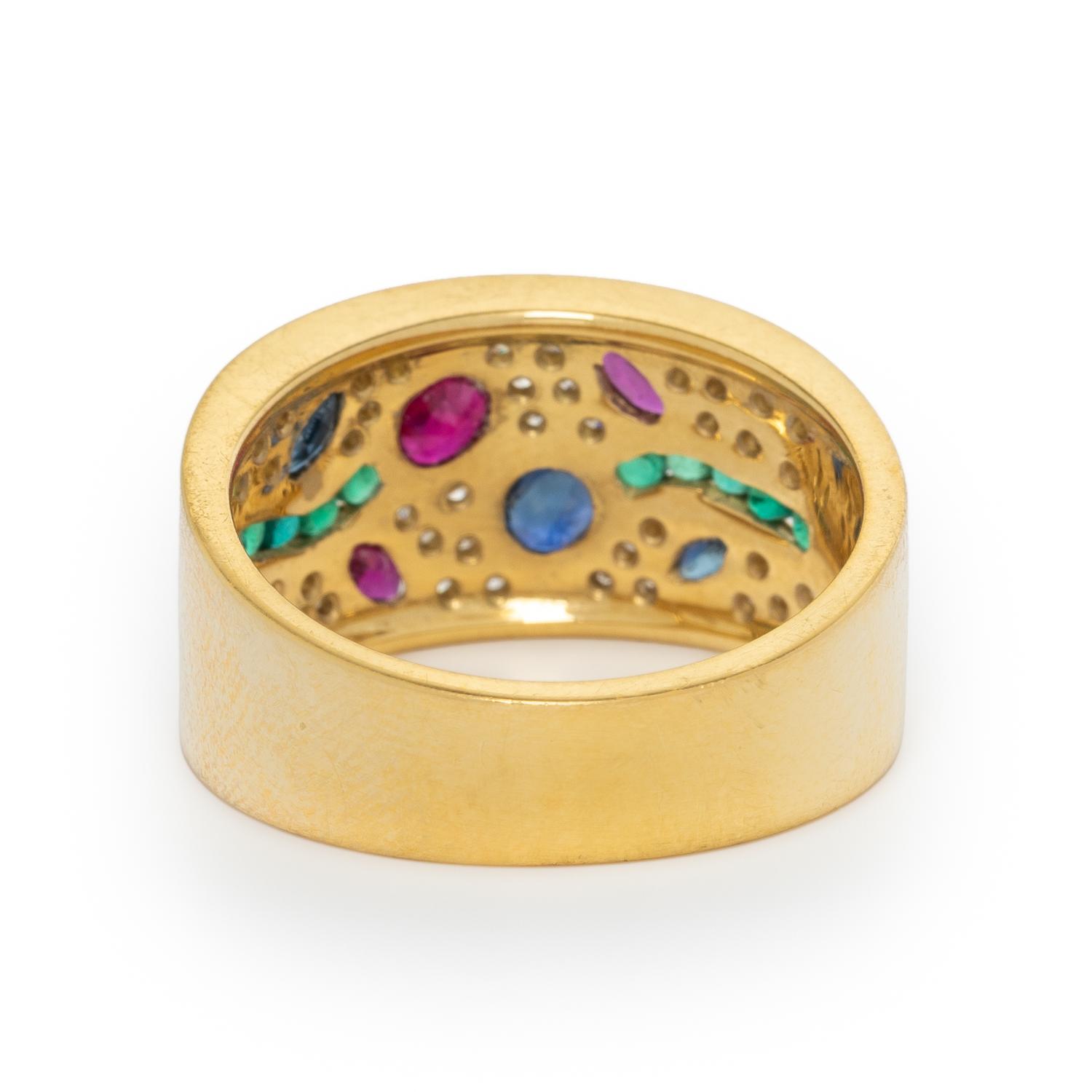 DIAMOND, RUBY, SAPPHIRE, EMERALD, AND YELLOW GOLD RING