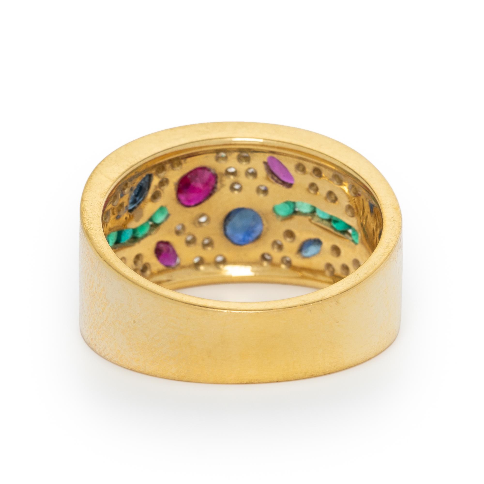 DIAMOND, RUBY, SAPPHIRE, EMERALD, AND YELLOW GOLD RING