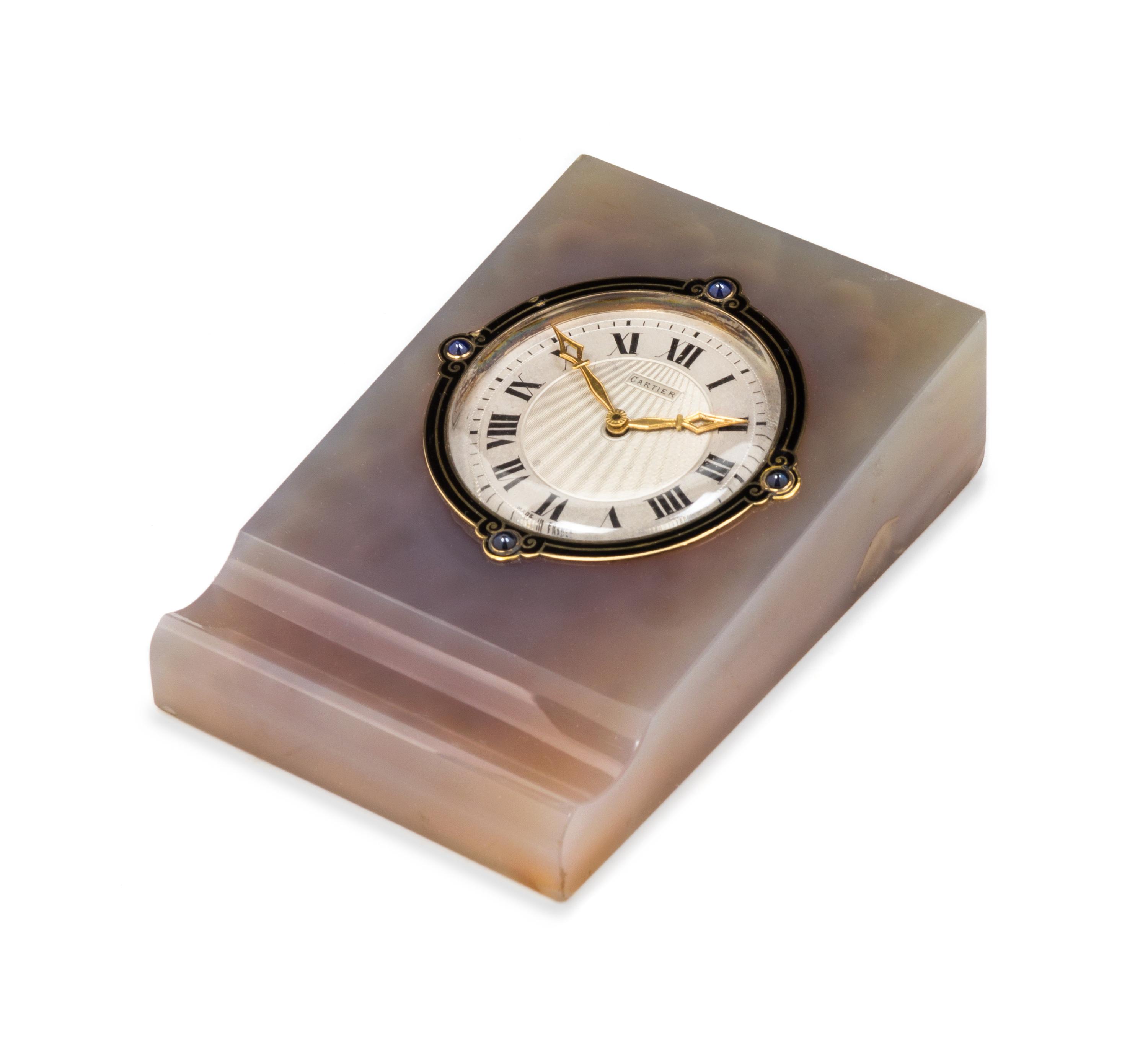 An Art Deco Gold, Sapphire, Enamel and Agate Desk Clock Set, Cartier Paris, Circa 1920,