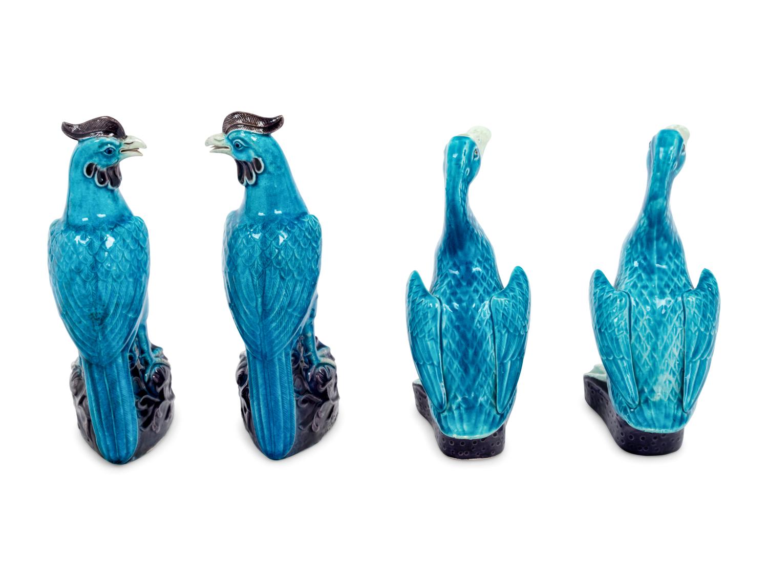 Two Pairs of Chinese Turquoise Glazed Porcelain Figures of Birds