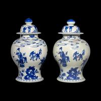 A Pair of Chinese Blue and White 'Figural' Porcelain General Jars and Covers, 19th/Early 20th Century 晚清/民國 青花人物故事圖將軍罐一對
