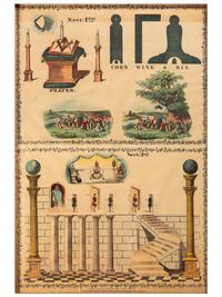 [FRATERNAL ORGANIZATIONS]. A group of Masonic items incl. 3 large framed prints, sashes, and 3 linked signs.