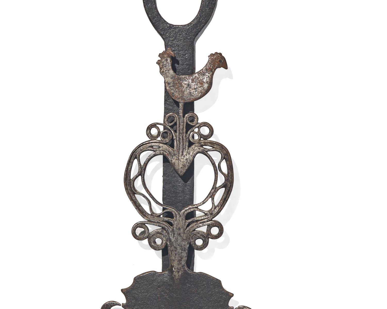 A Large Wrought Iron Adjustable Trammel with Rooster, France, 18th Century