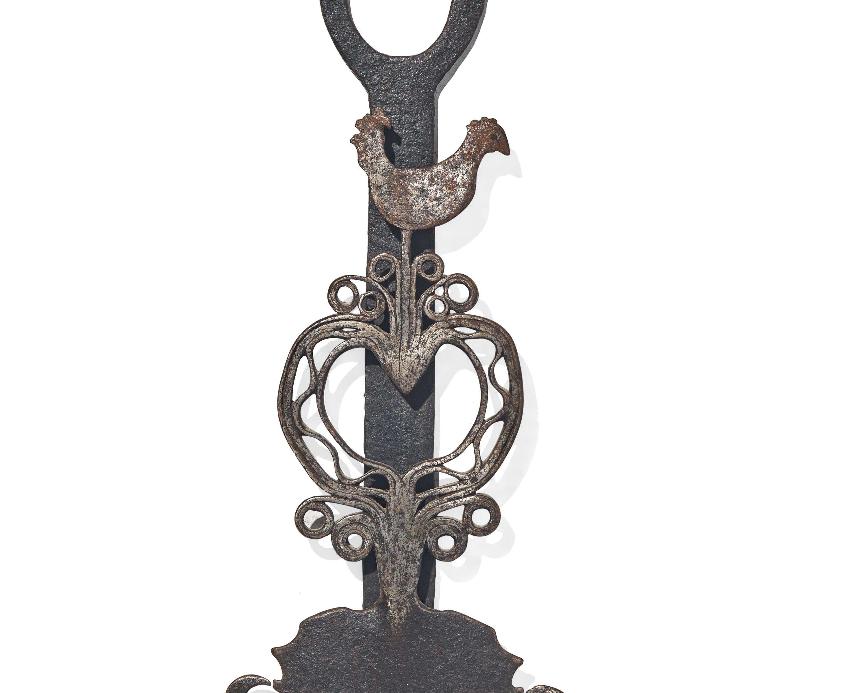 A Large Wrought Iron Adjustable Trammel with Rooster, France, 18th Century