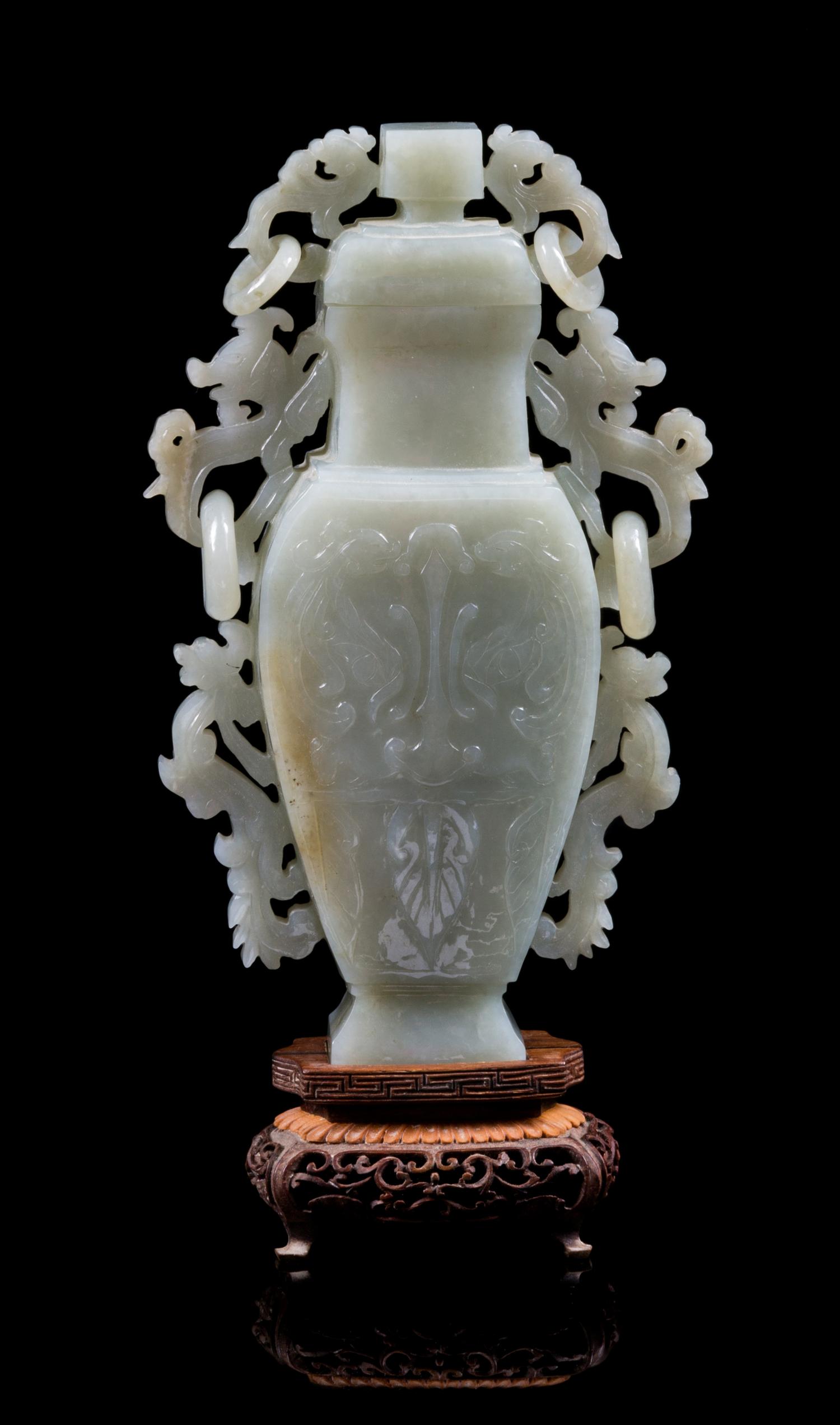 A Celadon Jade Vase and Cover Height of jade 7 7/8 inches.