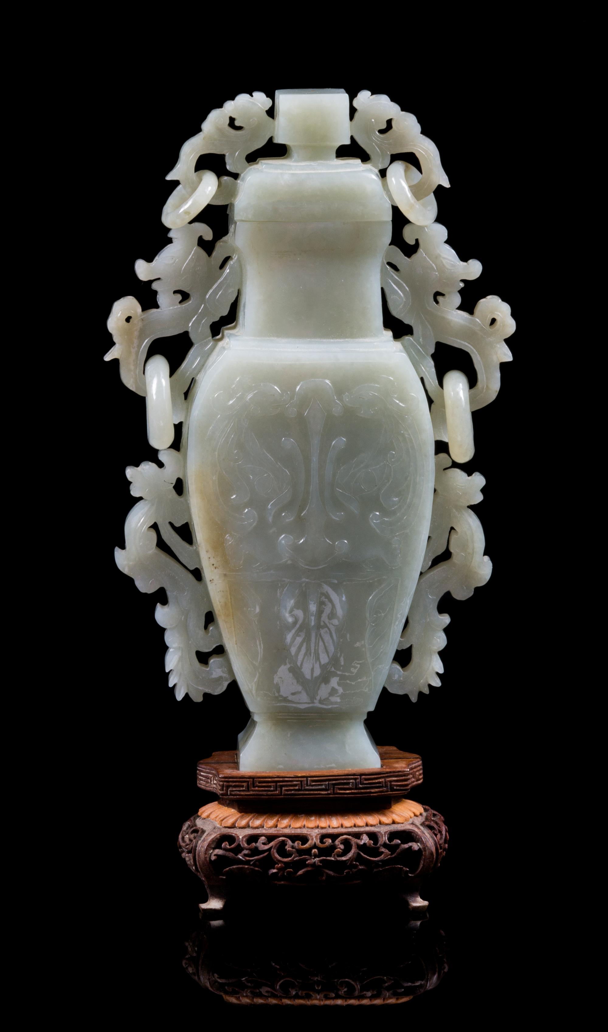 A Celadon Jade Vase and Cover Height of jade 7 7/8 inches.