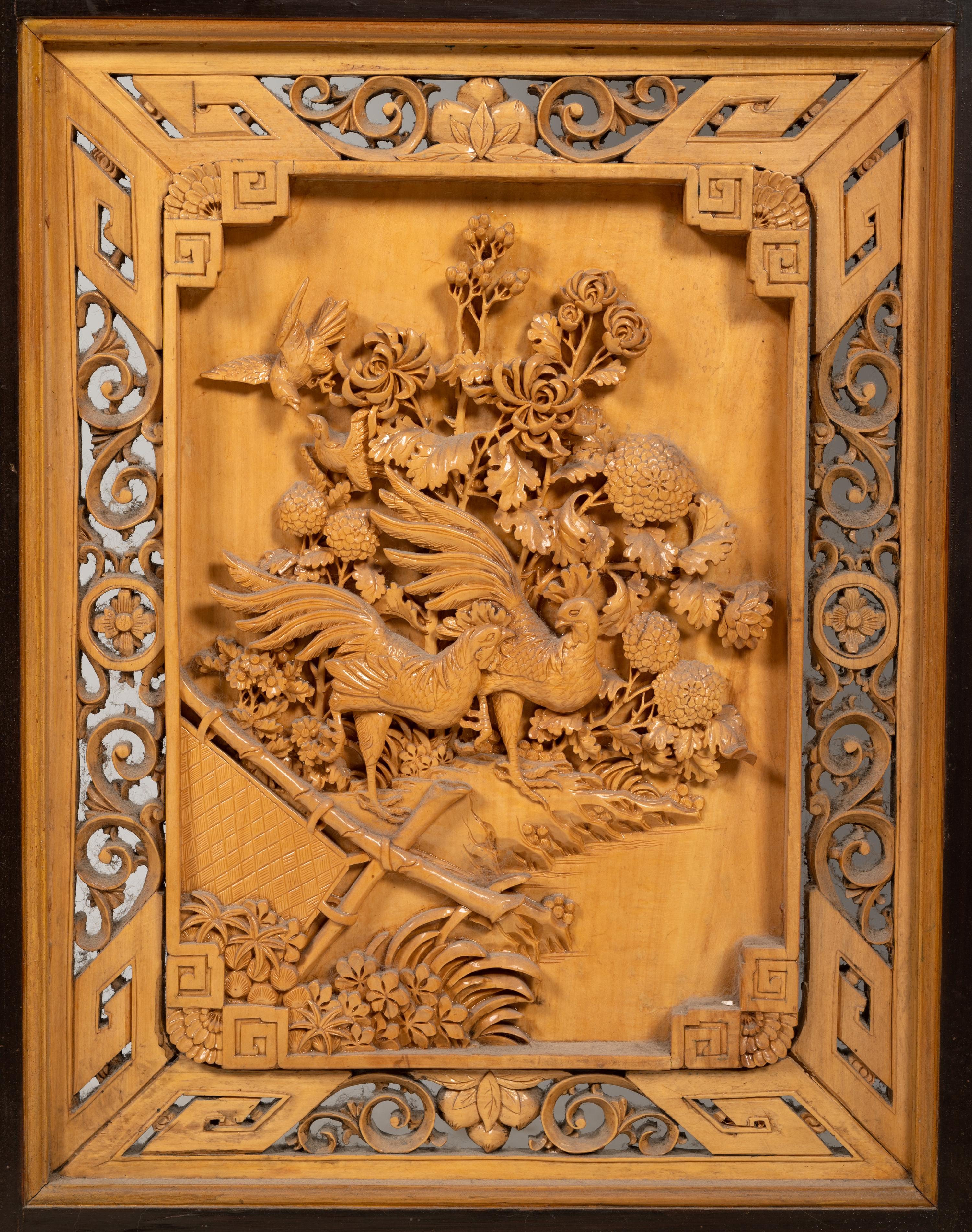 A Chinese Carved Wood Four-Panel Floor Screen