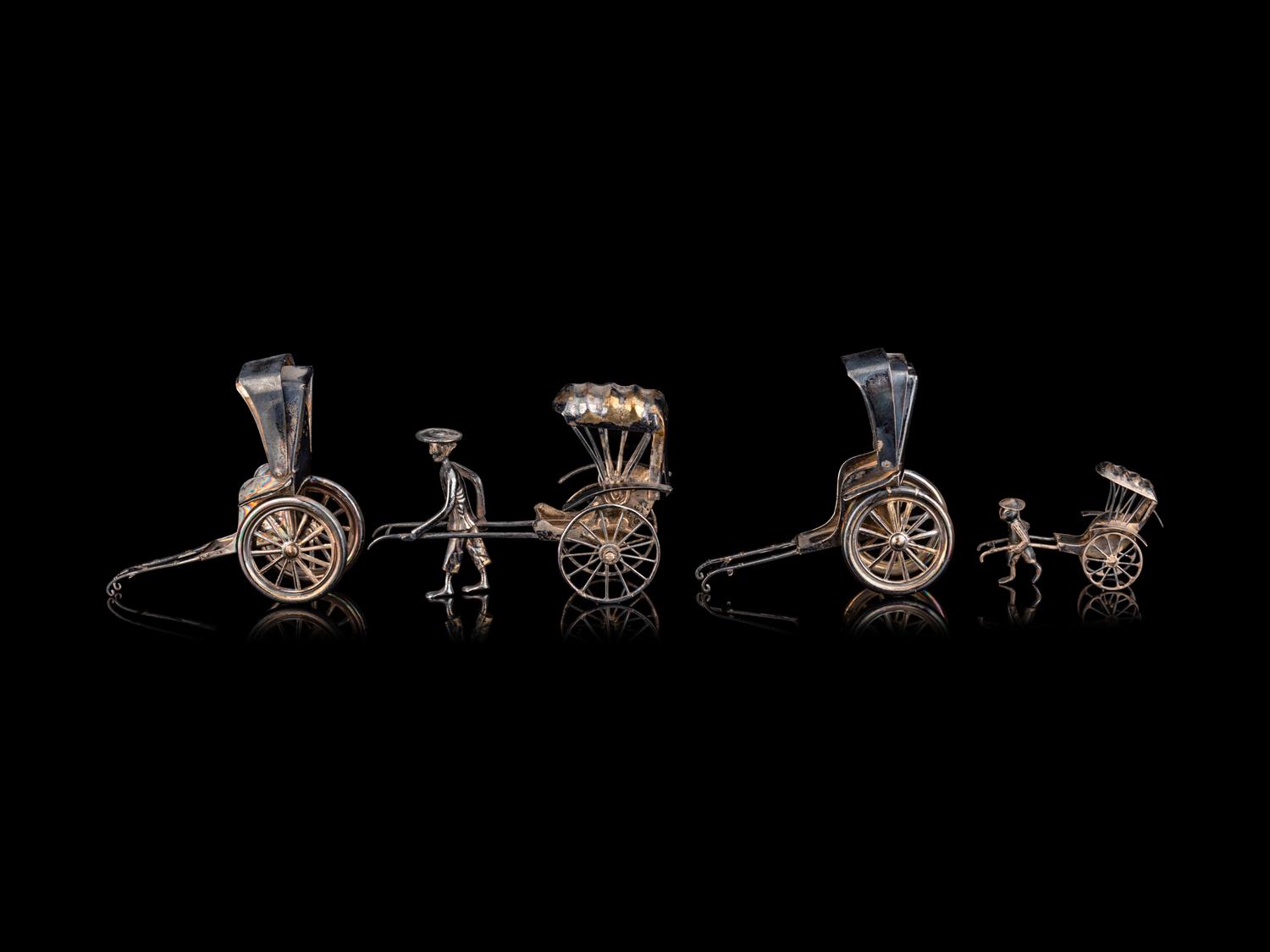 Four Chinese Miniature Silver Models of Rickshaws and A Set of Gilt Silver Hat Pins