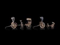 Four Chinese Miniature Silver Models of Rickshaws and A Set of Gilt Silver Hat Pins