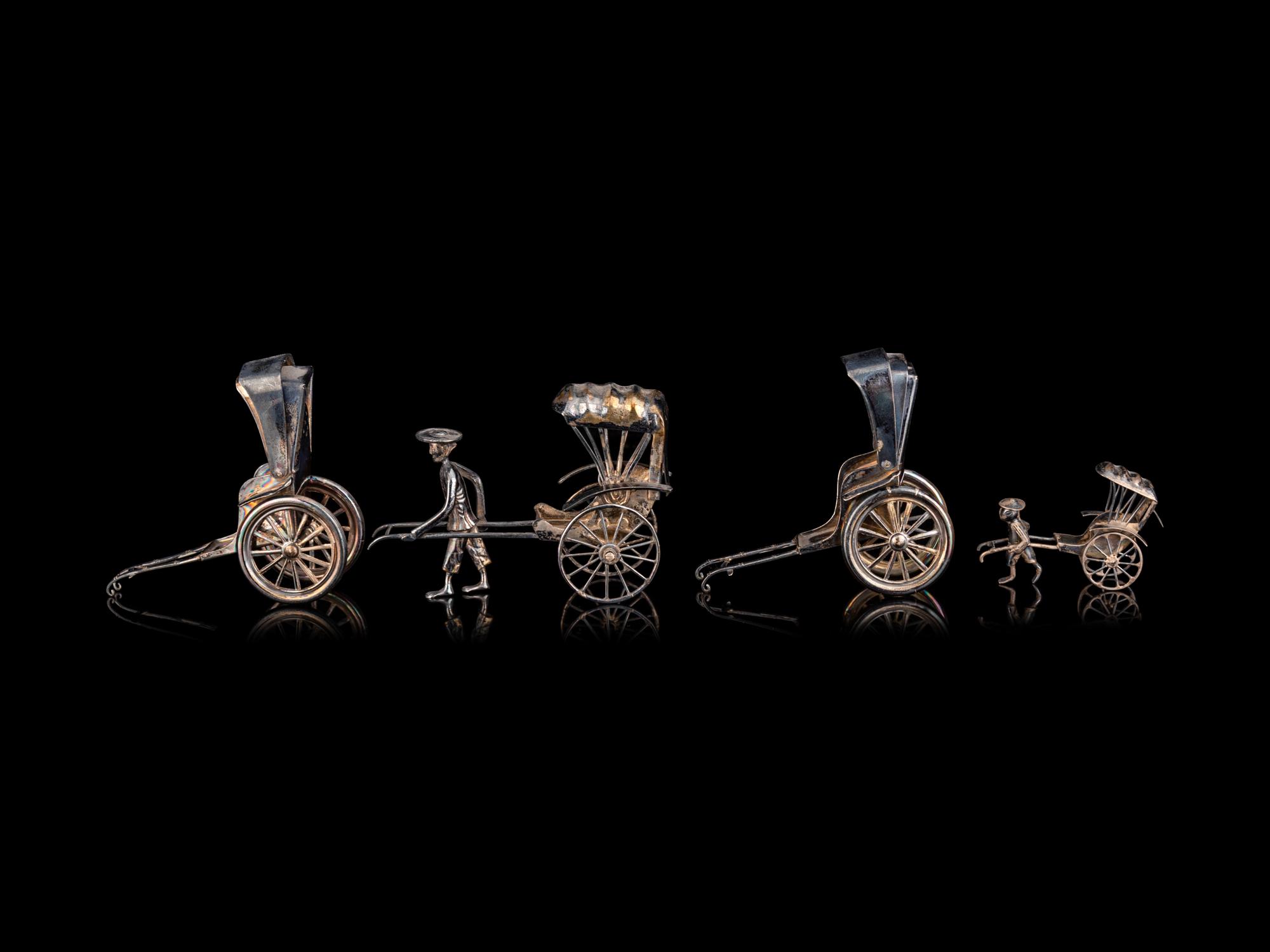 Four Chinese Miniature Silver Models of Rickshaws and A Set of Gilt Silver Hat Pins