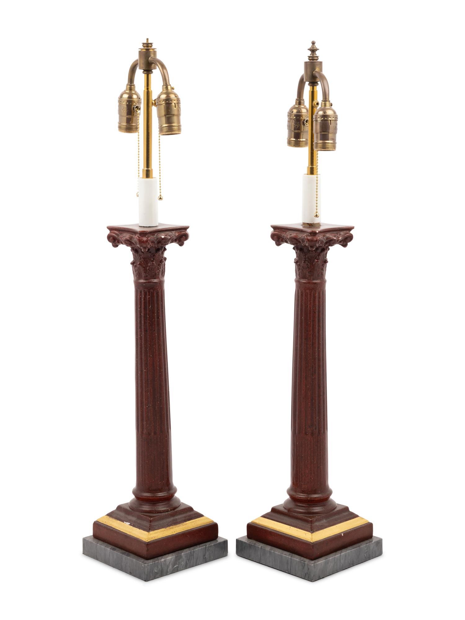A Pair of Faux Porphyry Painted Columnar Two-Light Lamps with Marble Bases