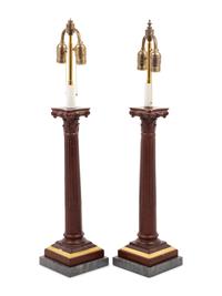 A Pair of Faux Porphyry Painted Columnar Two-Light Lamps with Marble Bases