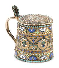 A Russian Enameled and Silver-Gilt Tankard