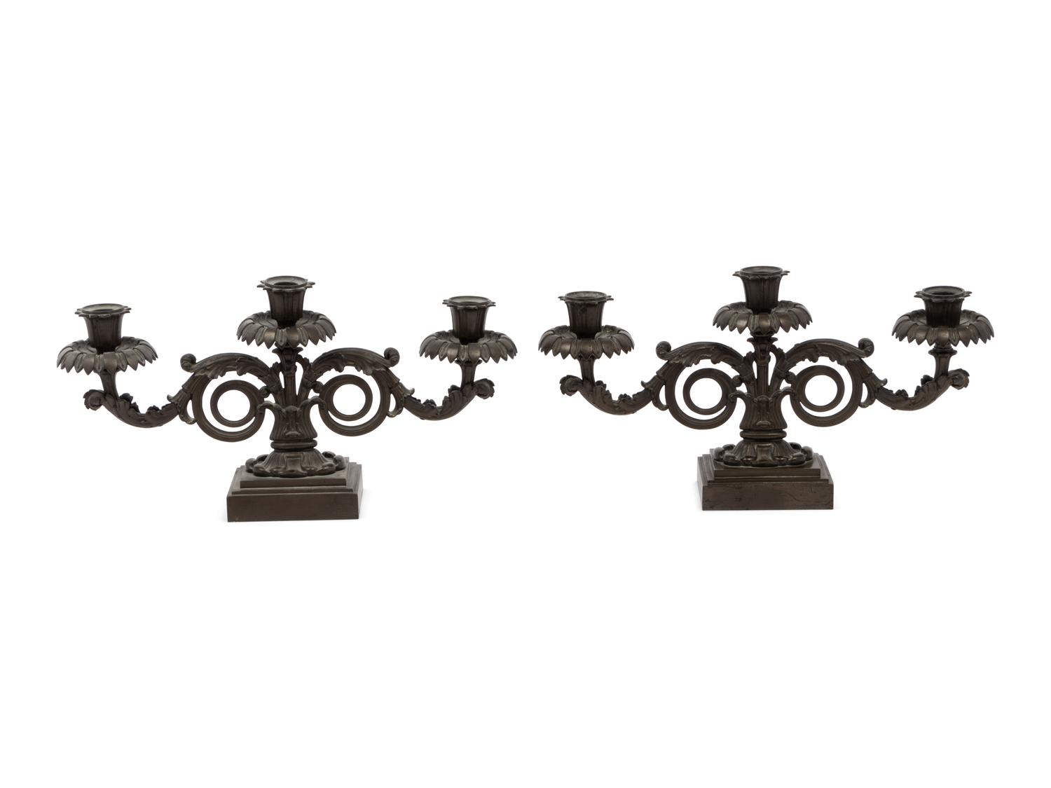 A Pair of Regency Bronze Three-Light Candelabra