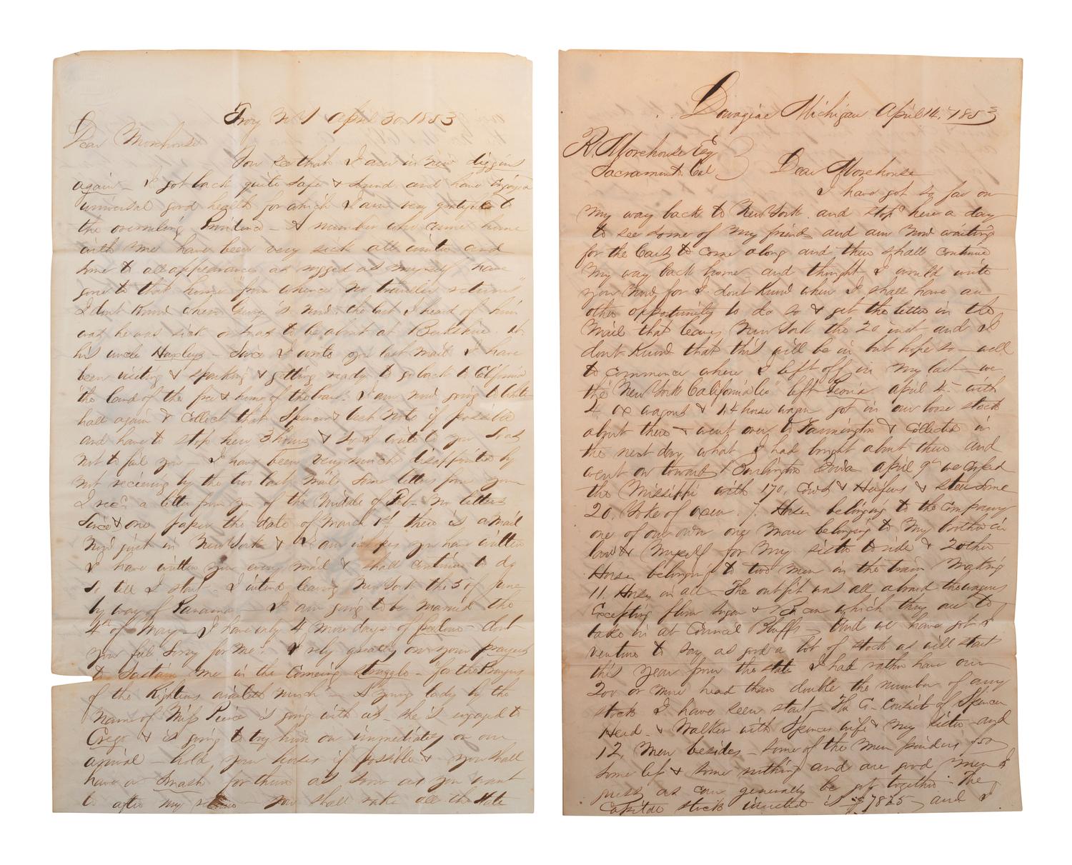 [CALIFORNIA - DROVING]. BRAINARD, William. A group of 5 autograph letters signed ("W. N. Brainard"), to R. Morehouse, Esq. Most written in a humorous tone, comprising: