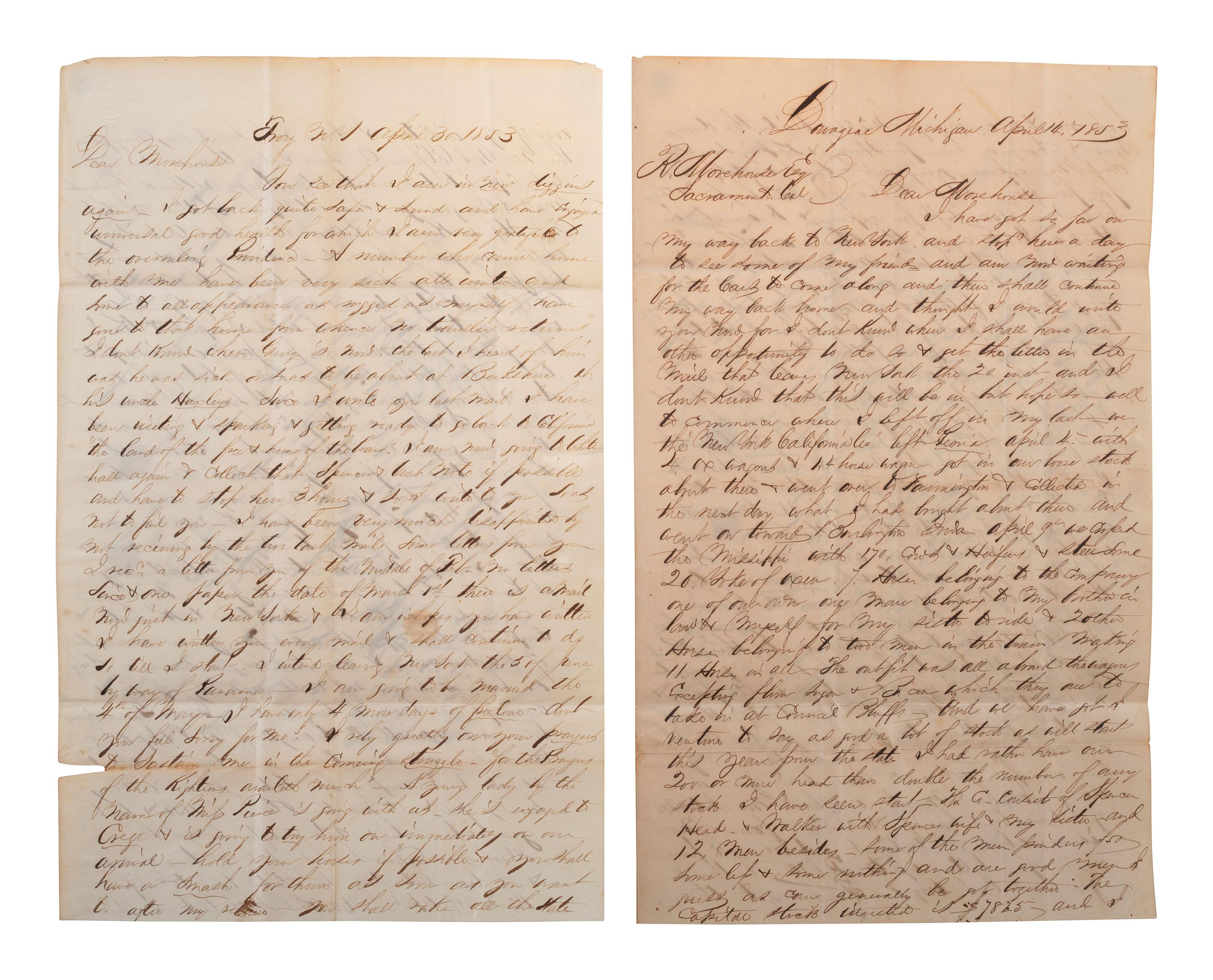 [CALIFORNIA - DROVING]. BRAINARD, William. A group of 5 autograph letters signed ("W. N. Brainard"), to R. Morehouse, Esq. Most written in a humorous tone, comprising: