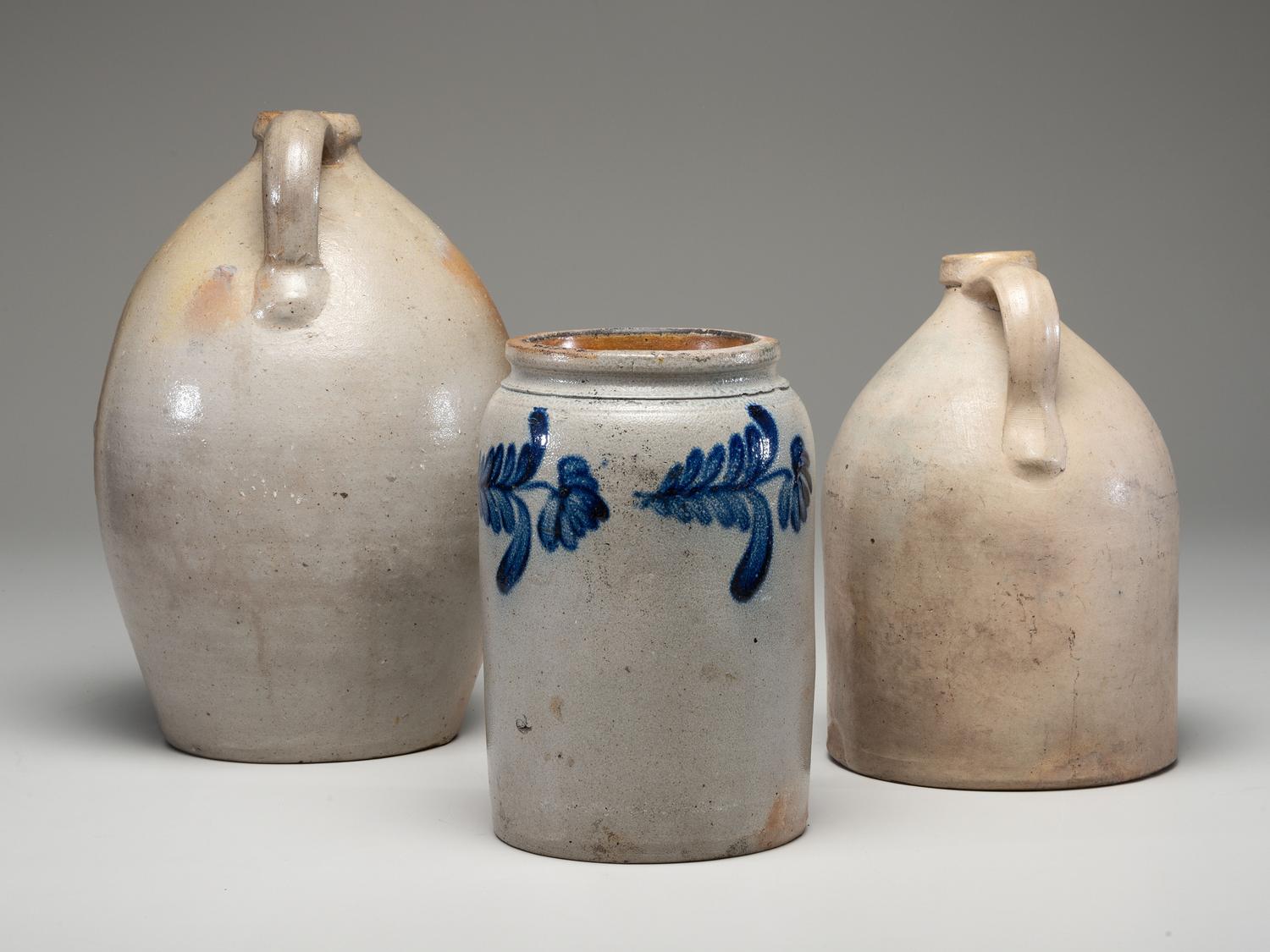 Three Cobalt Decorated Stoneware Vessels
