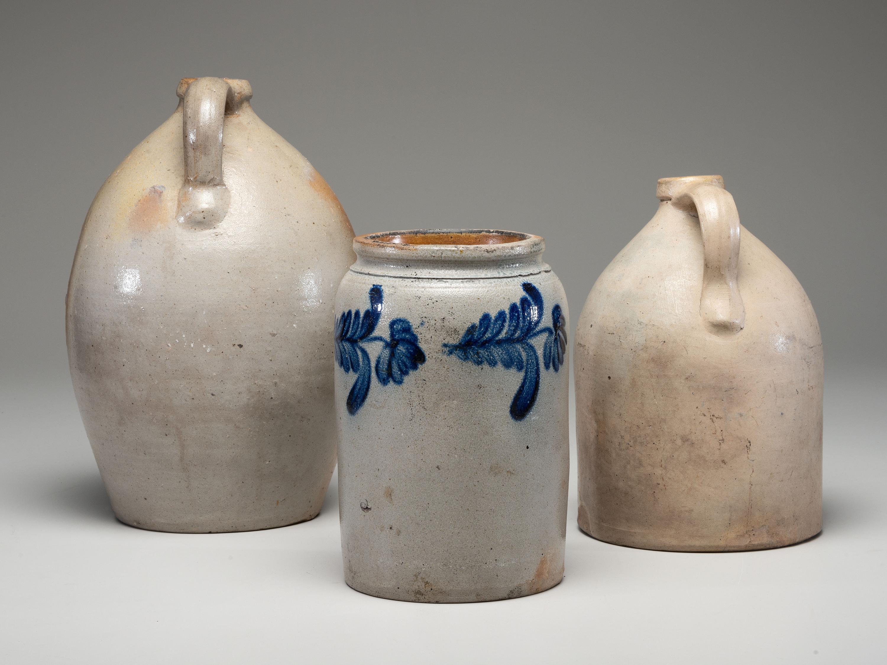 Three Cobalt Decorated Stoneware Vessels