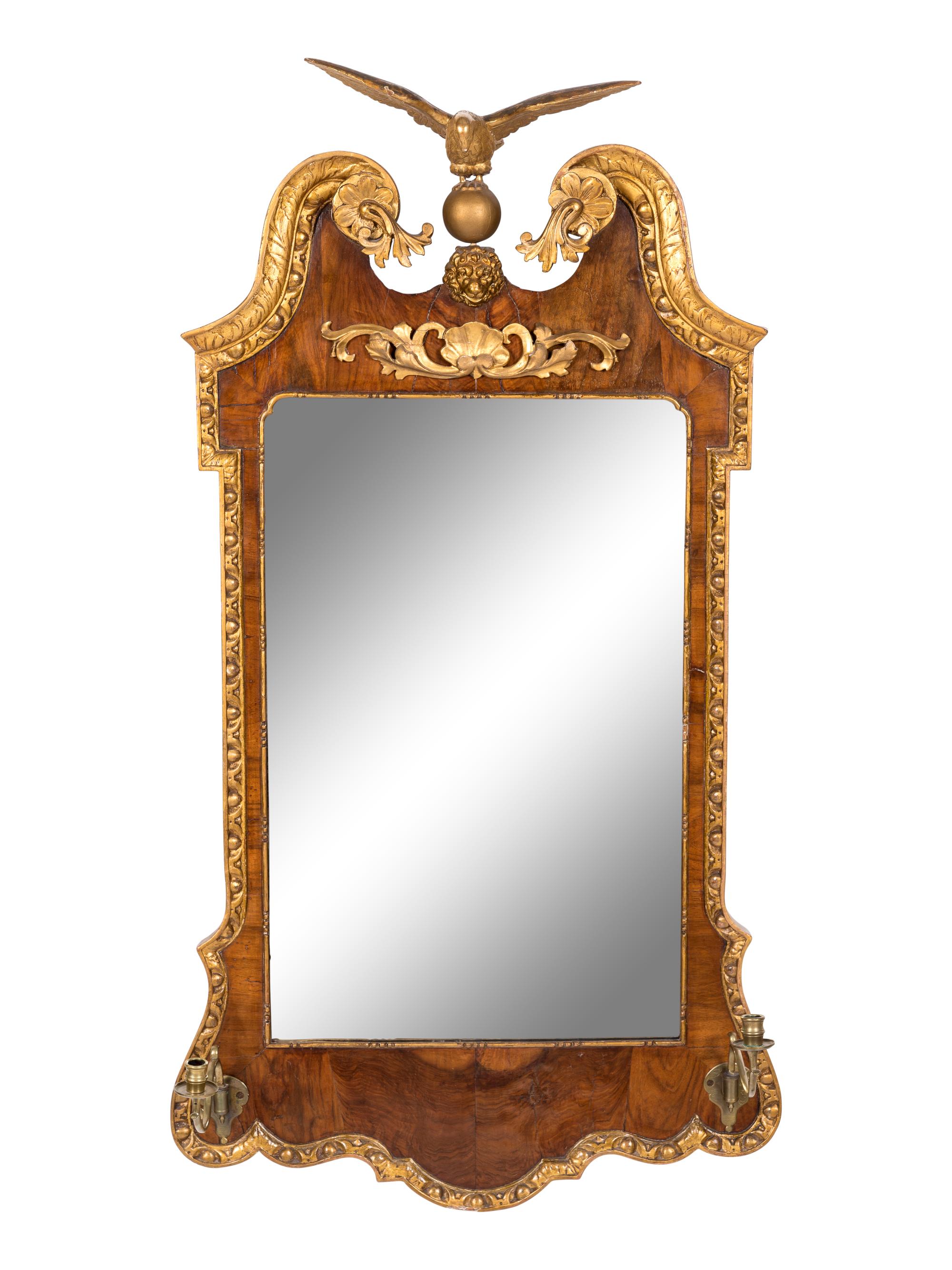 A George II Parcel Gilt Burl Walnut Girandole Mirror